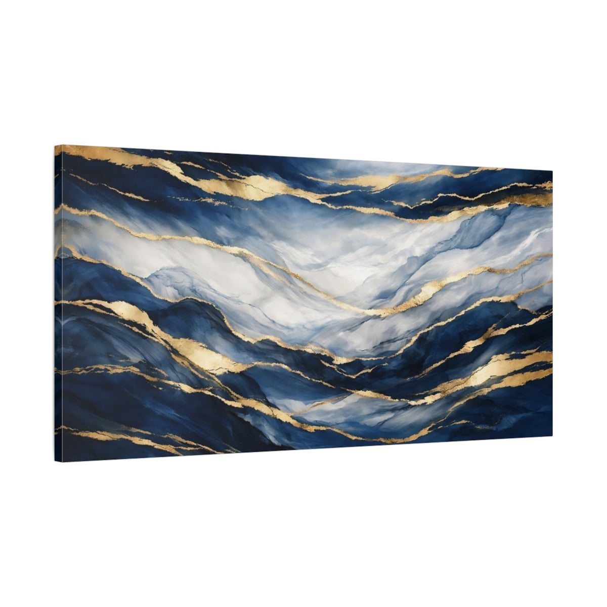 Side Mockup 1. Abstract Abstract Waves Blue And Gold shown as stretched canvas wall art