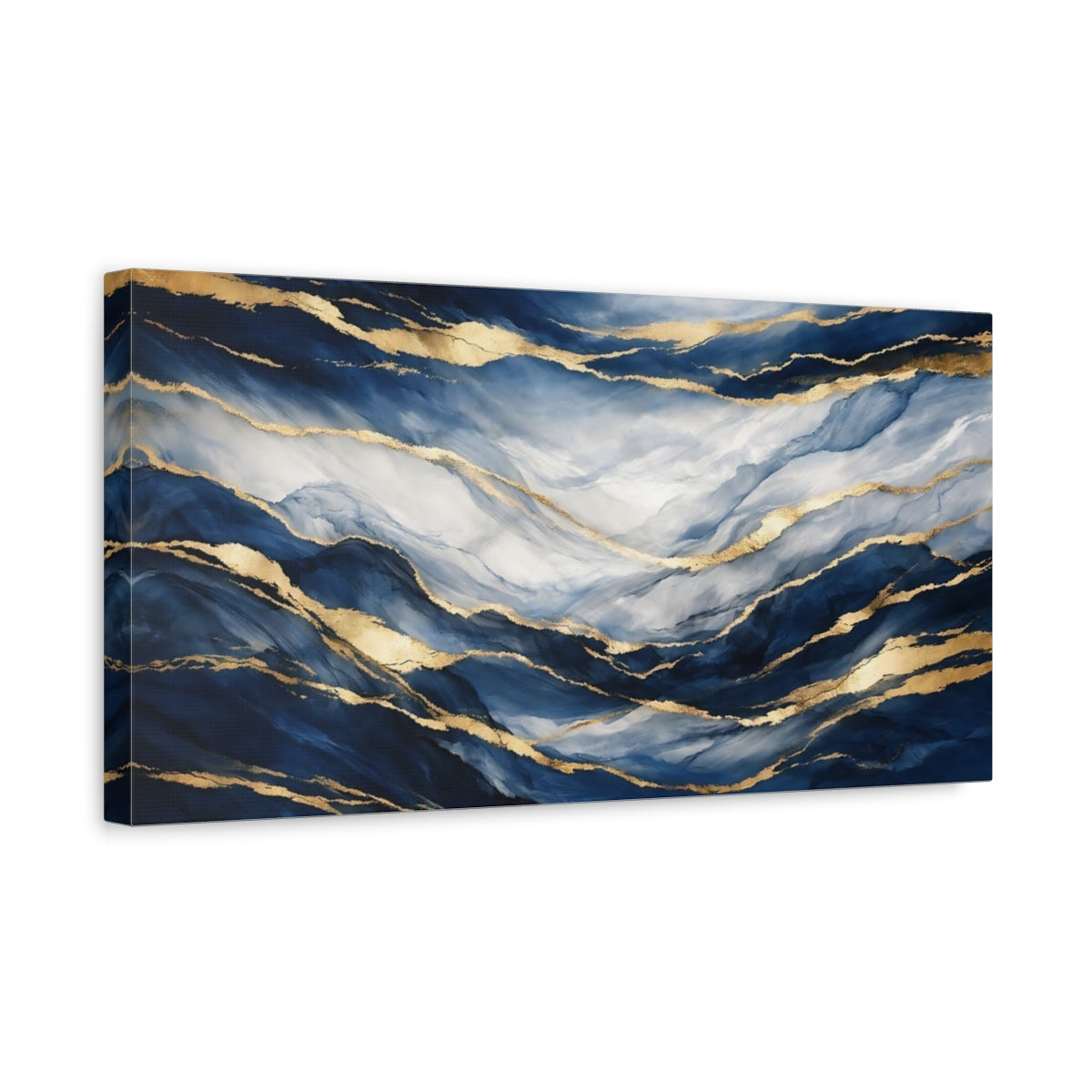 Side Mockup 3. Abstract Abstract Waves Blue And Gold shown as stretched canvas wall art
