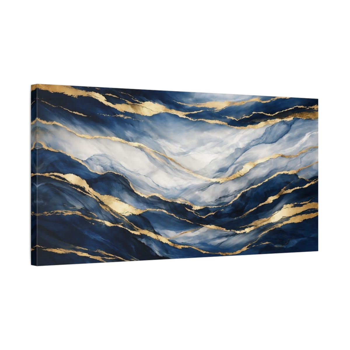 Side Mockup 2. Abstract Abstract Waves Blue And Gold shown as stretched canvas wall art