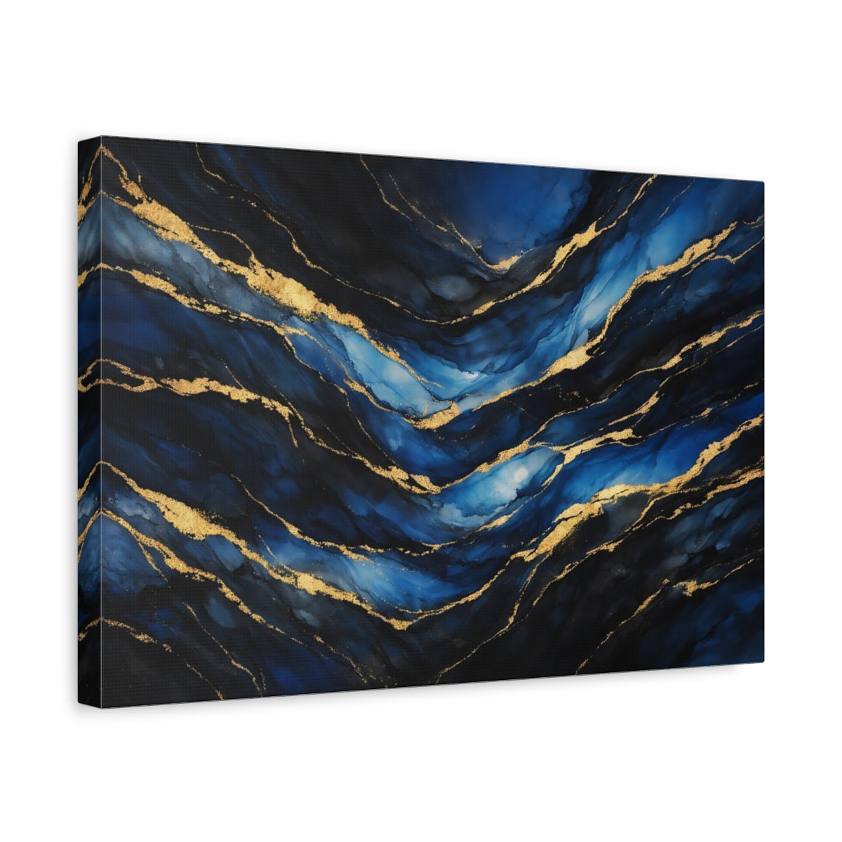 Side Mockup 4. Abstract Abstract Waves Blue And Gold shown as stretched canvas wall art
