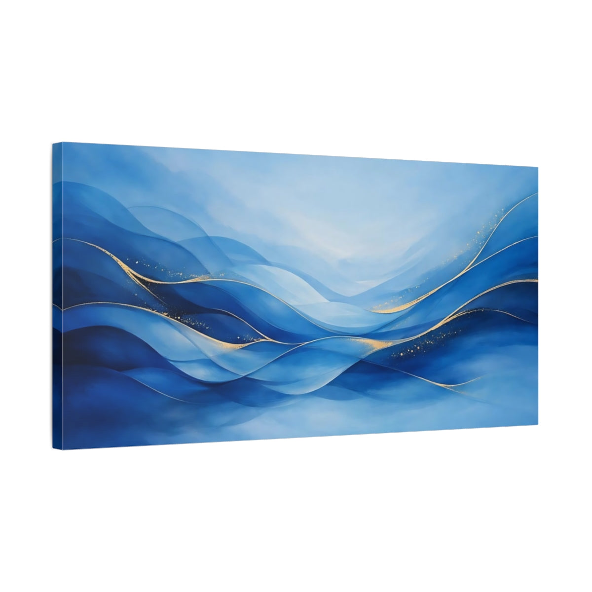 Side Mockup 2. Abstract Abstract Waves Blue And Gold shown as stretched canvas wall art