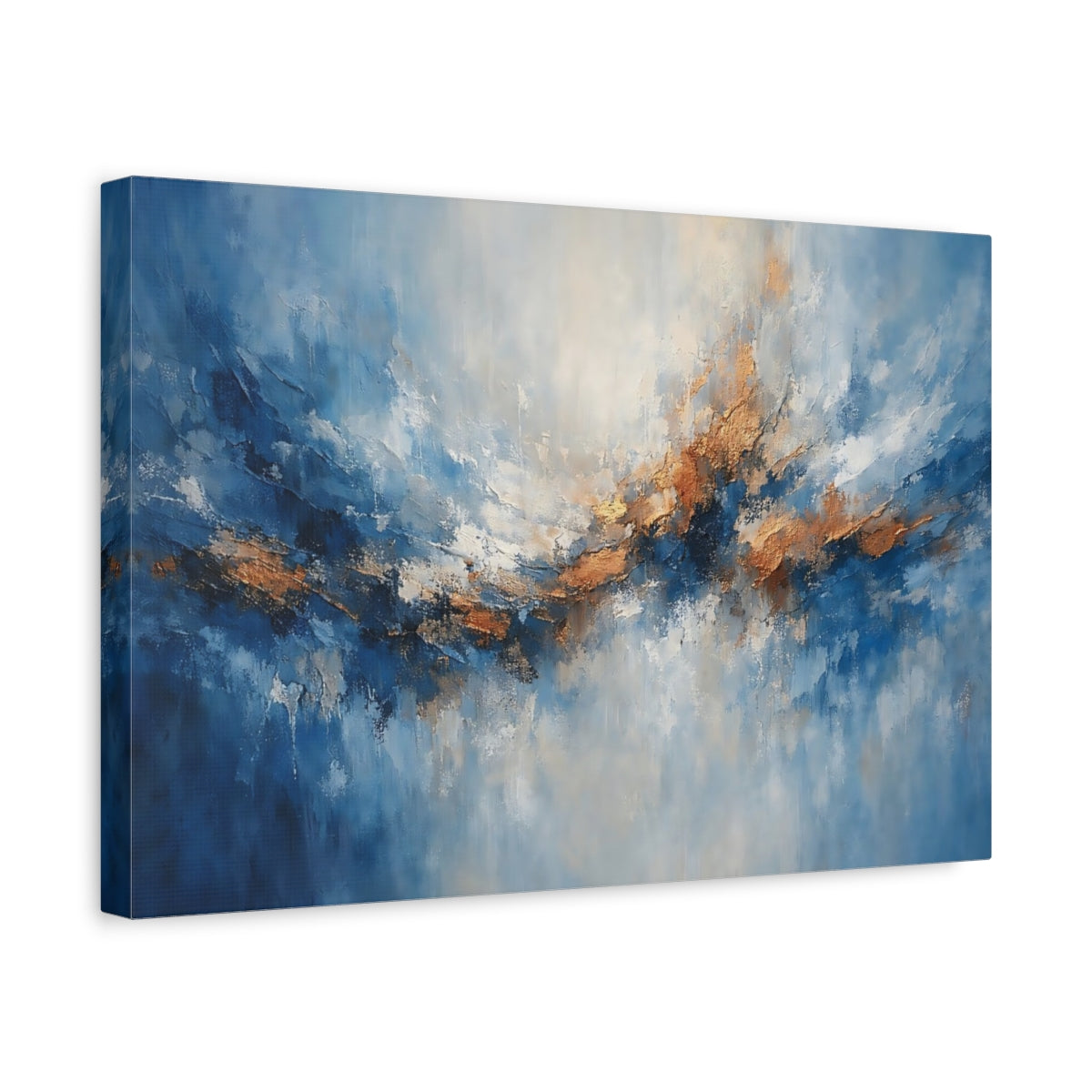 Side Mockup 4. Abstract Abstract Waves Blue And Gold Abstract shown as stretched canvas wall art