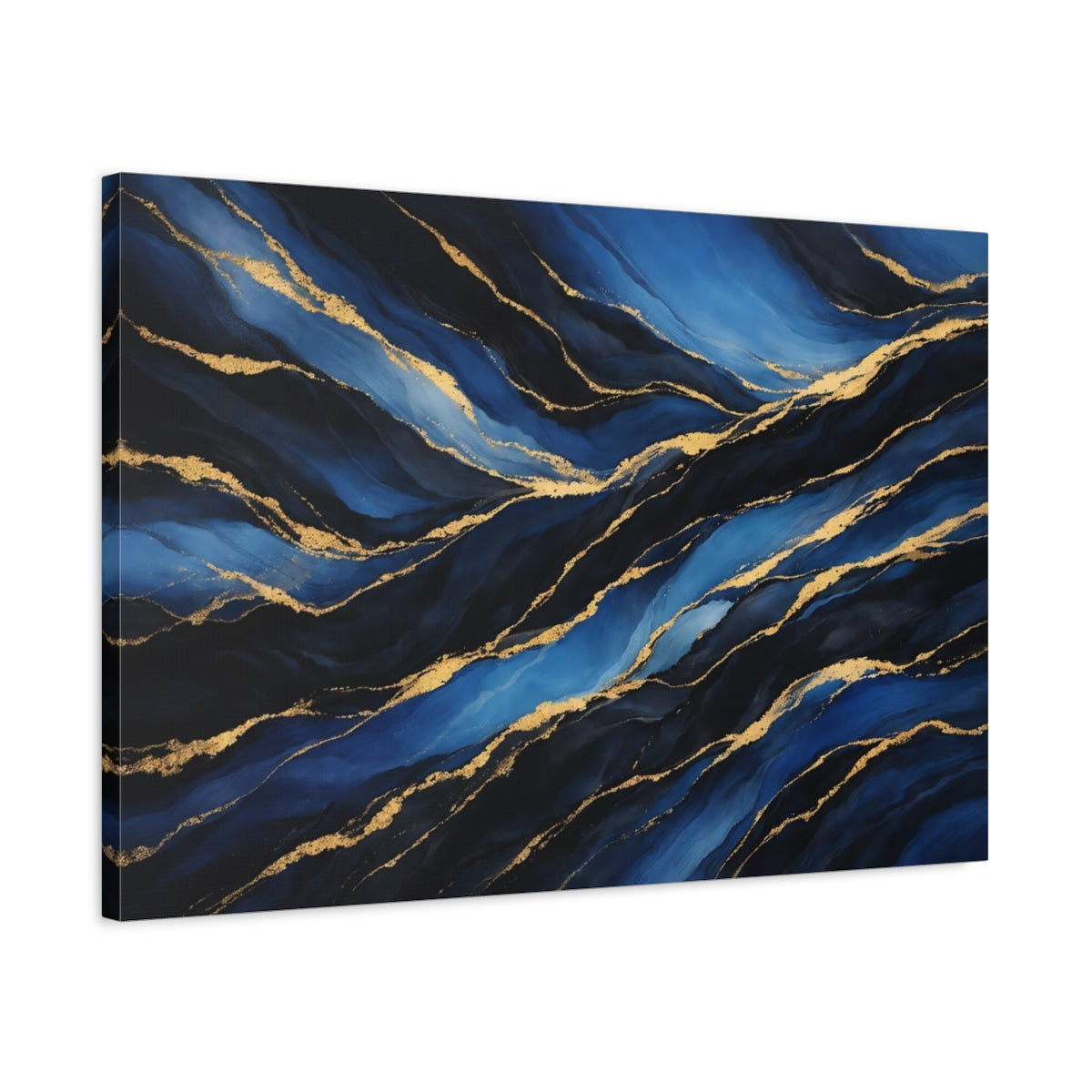 Side Mockup 2. Abstract Abstract Waves Blue And Gold Abstract shown as stretched canvas wall art