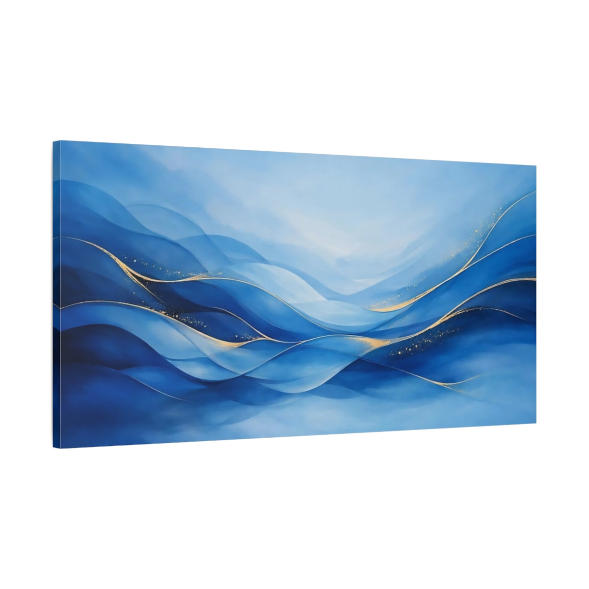 Side Mockup 1. Abstract Abstract Waves Blue And Gold shown as stretched canvas wall art