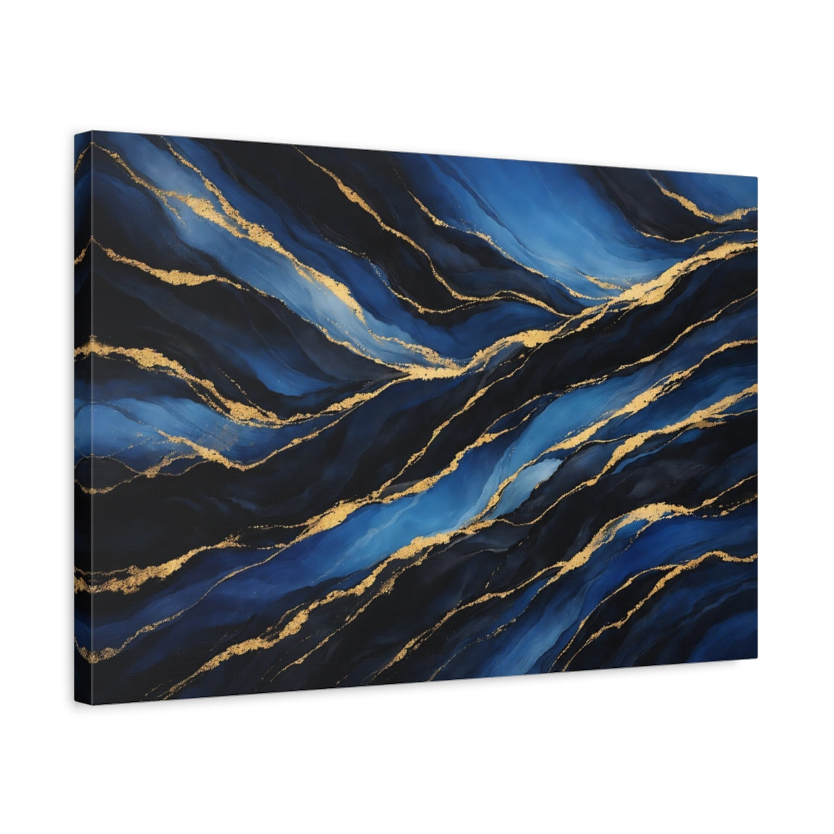 Side Mockup 3. Abstract Abstract Waves Blue And Gold Abstract shown as stretched canvas wall art