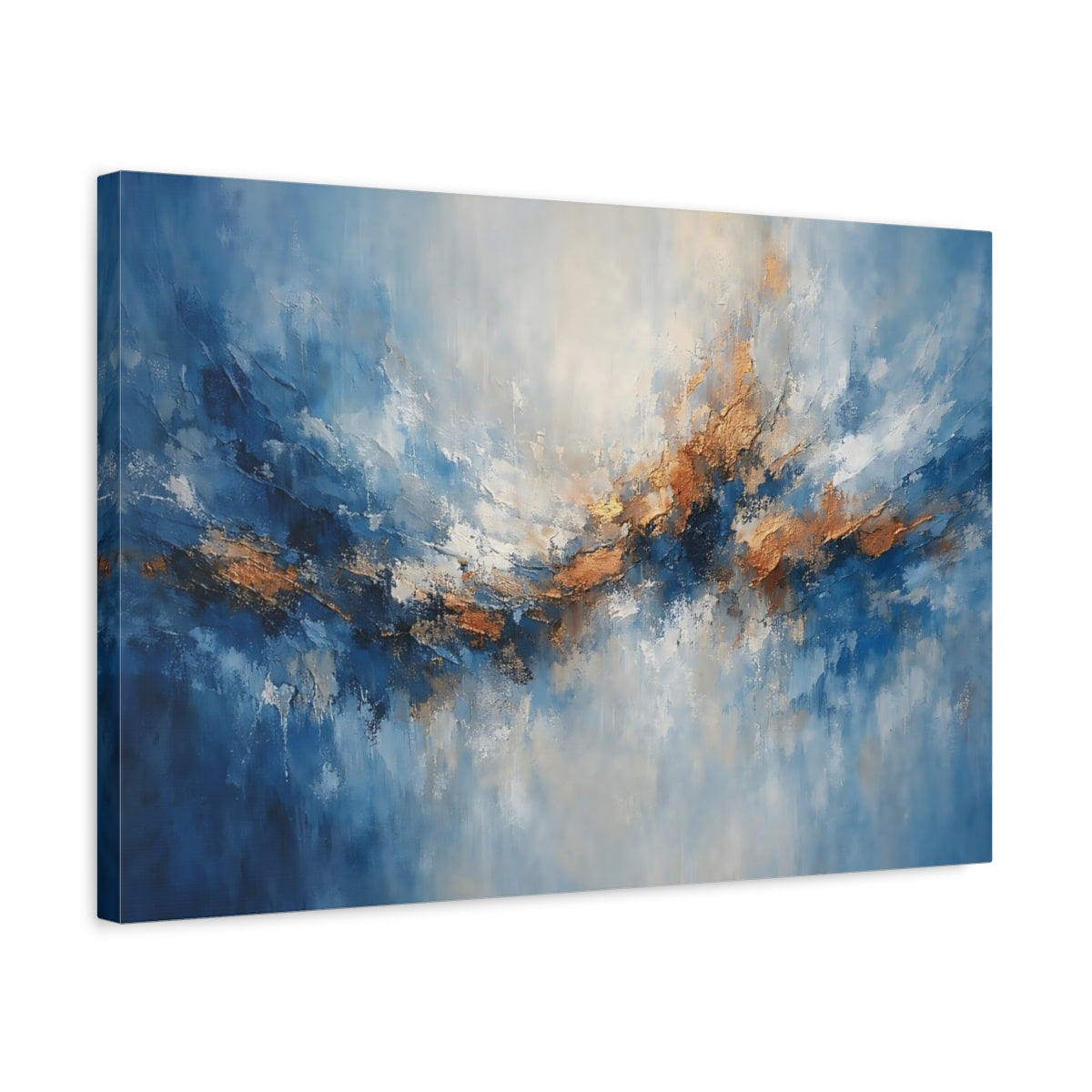 Side Mockup 3. Abstract Abstract Waves Blue And Gold Abstract shown as stretched canvas wall art