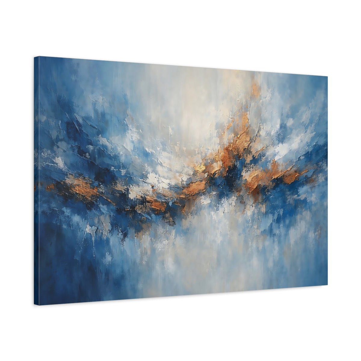 Side Mockup 1. Abstract Abstract Waves Blue And Gold Abstract shown as stretched canvas wall art