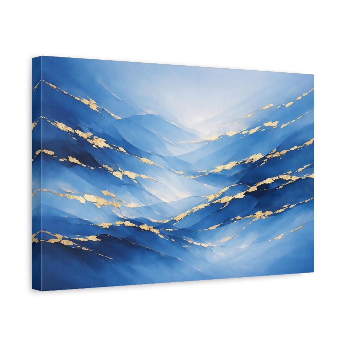 Side Mockup 4. Abstract Abstract Waves Blue And Gold shown as stretched canvas wall art