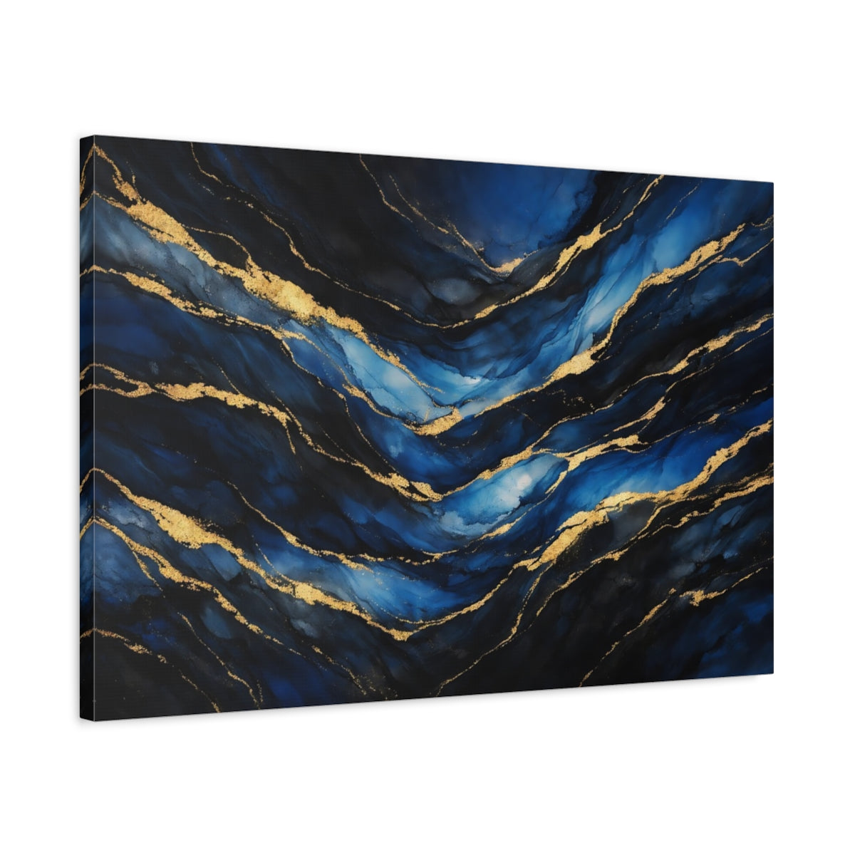 Side Mockup 2. Abstract Abstract Waves Blue And Gold shown as stretched canvas wall art