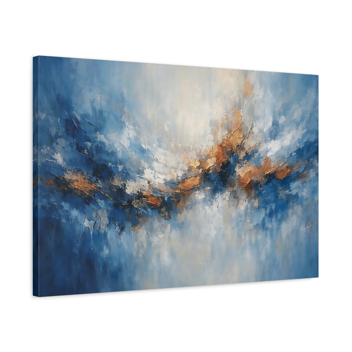 Side Mockup 2. Abstract Abstract Waves Blue And Gold Abstract shown as stretched canvas wall art