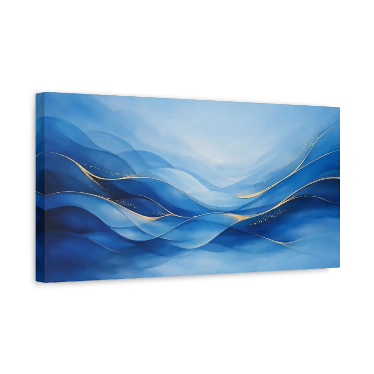 Side Mockup 3. Abstract Abstract Waves Blue And Gold shown as stretched canvas wall art