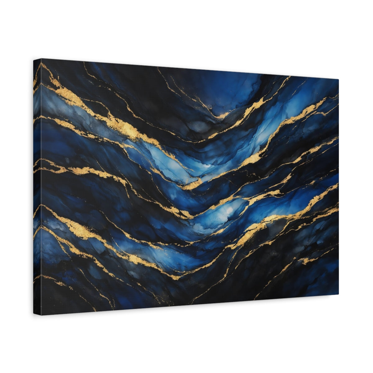 Side Mockup 3. Abstract Abstract Waves Blue And Gold shown as stretched canvas wall art