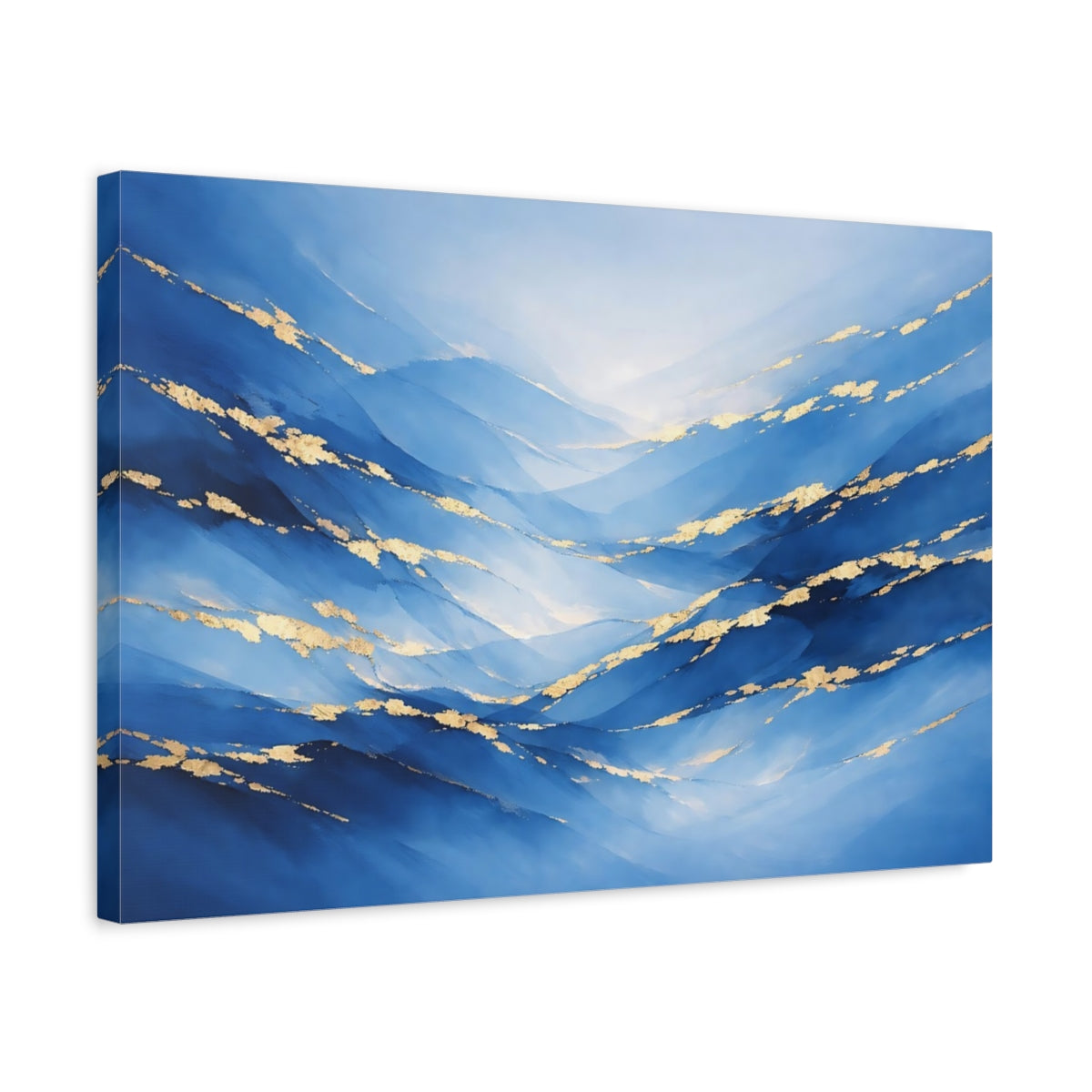 Side Mockup 3. Abstract Abstract Waves Blue And Gold shown as stretched canvas wall art