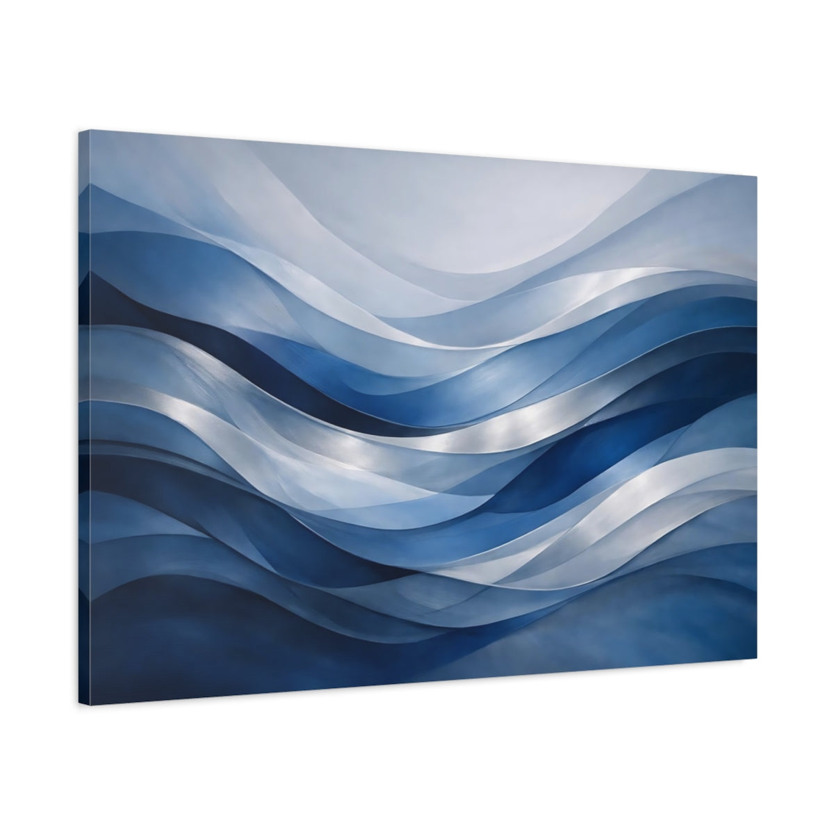 Side Mockup 1. Abstract Waves Blue Waves shown as stretched canvas wall art