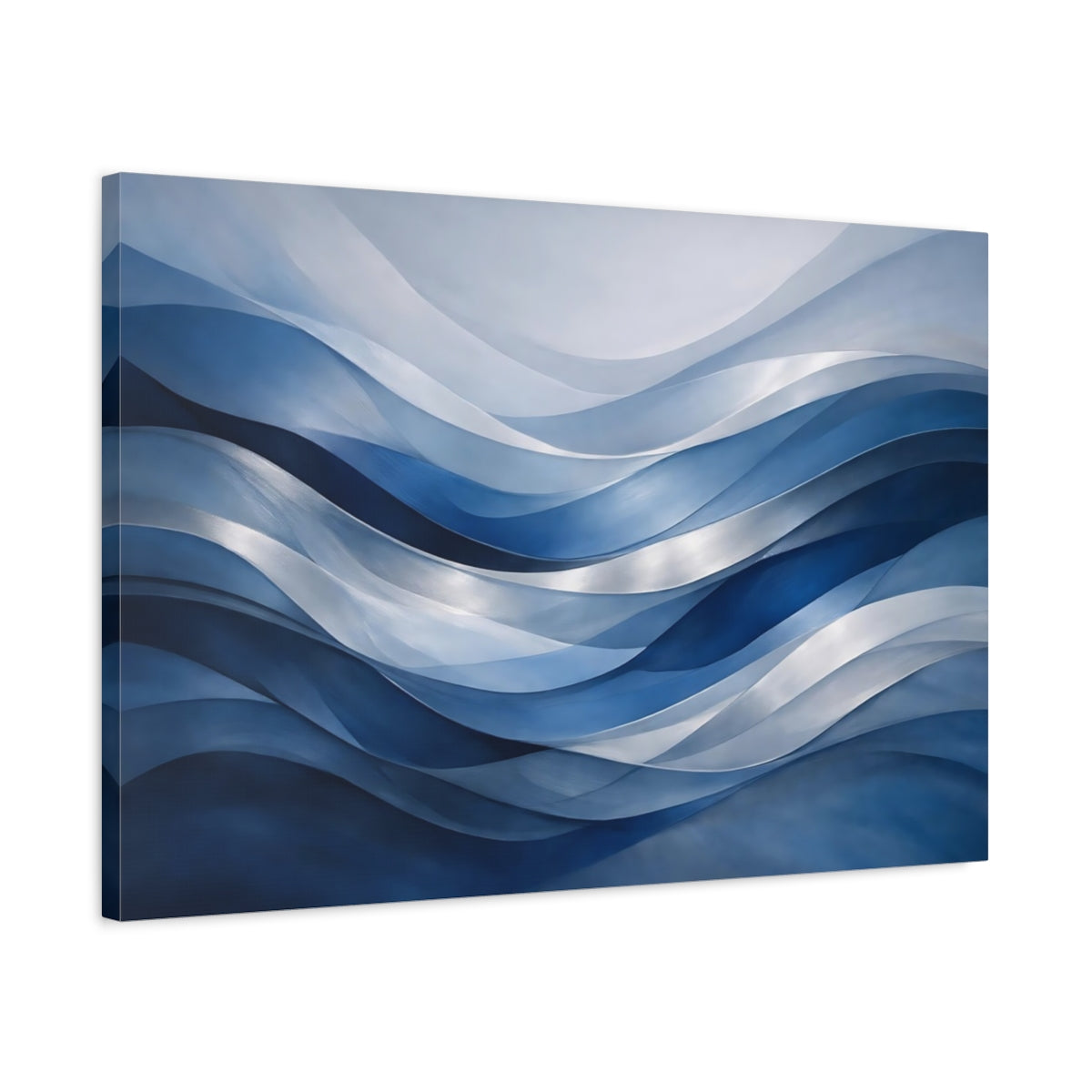 Side Mockup 2. Abstract Waves Blue Waves shown as stretched canvas wall art