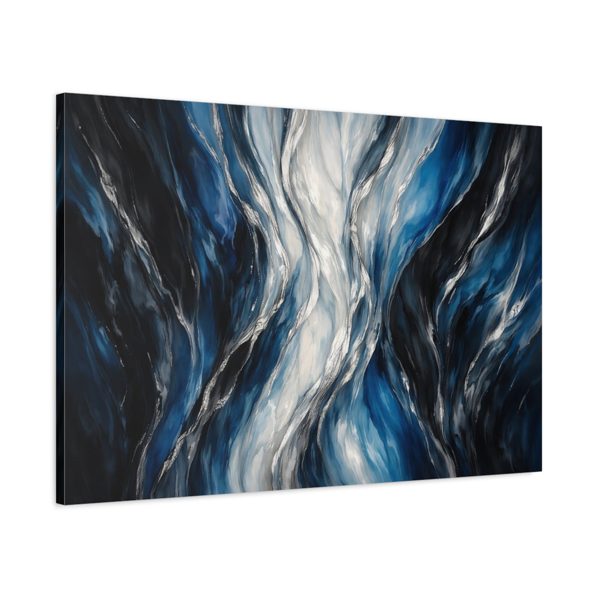 Side Mockup 1. Abstract Abstract Waves Blue Silver Waves shown as stretched canvas wall art