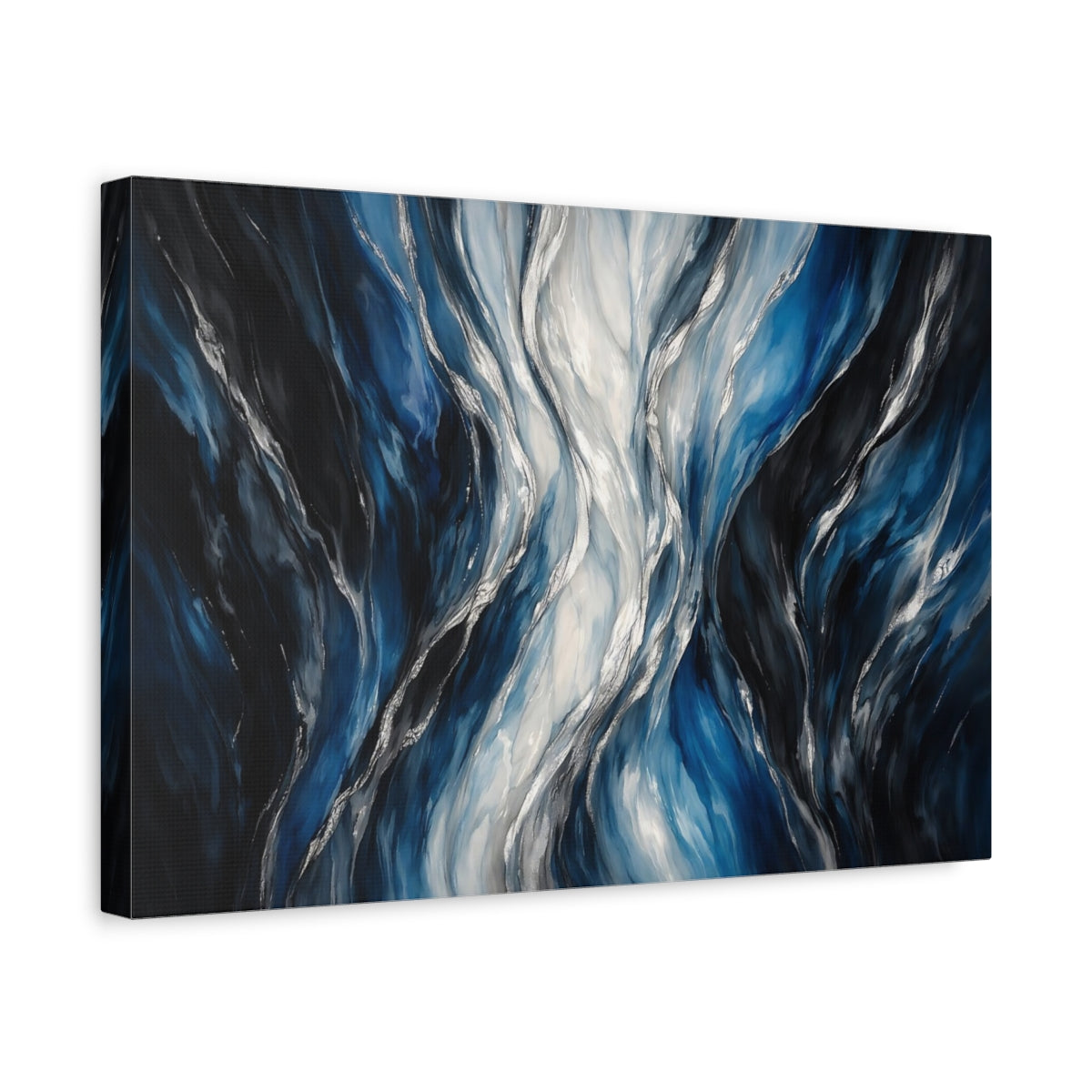 Side Mockup 4. Abstract Abstract Waves Blue Silver Waves shown as stretched canvas wall art