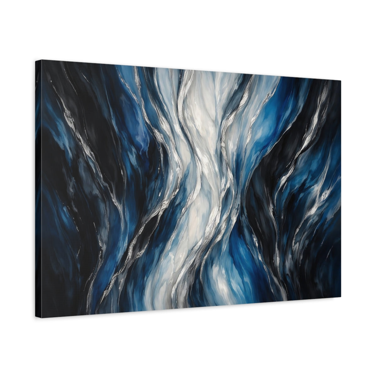Side Mockup 2. Abstract Abstract Waves Blue Silver Waves shown as stretched canvas wall art