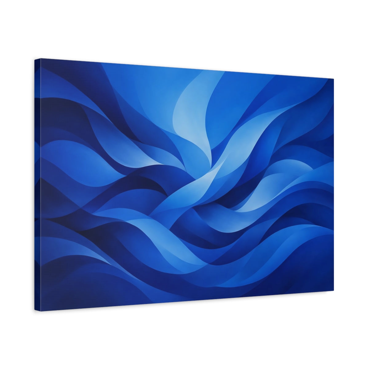 Side Mockup 2. Abstract Abstract Waves Deep Blue Abstract shown as stretched canvas wall art