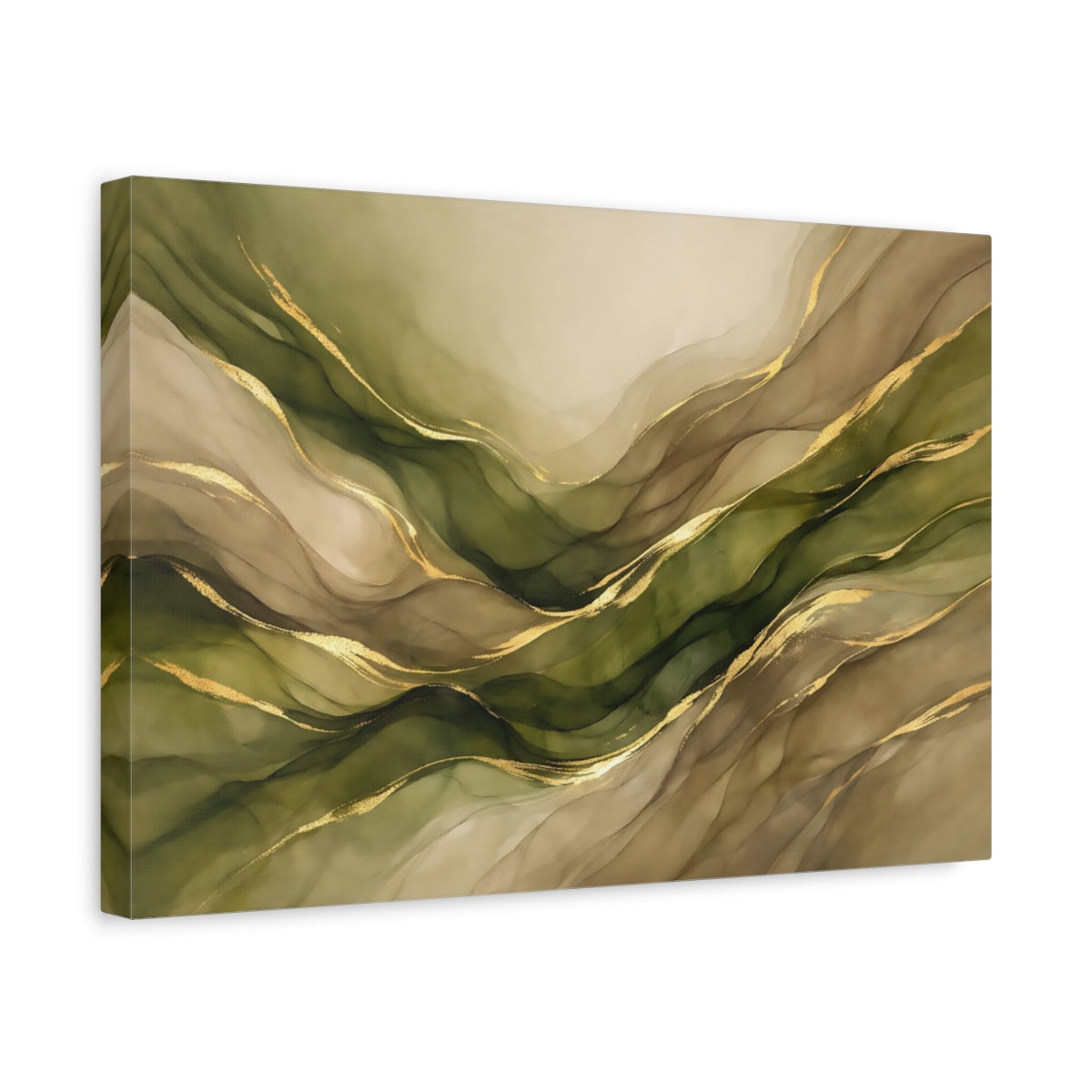 Side Mockup 4. Abstract Abstract Waves Green Gold Abstract shown as stretched canvas wall art