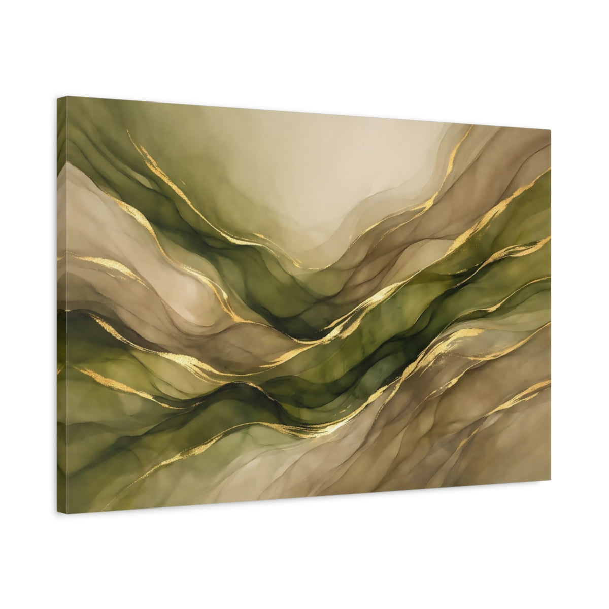Side Mockup 2. Abstract Abstract Waves Green Gold Abstract shown as stretched canvas wall art