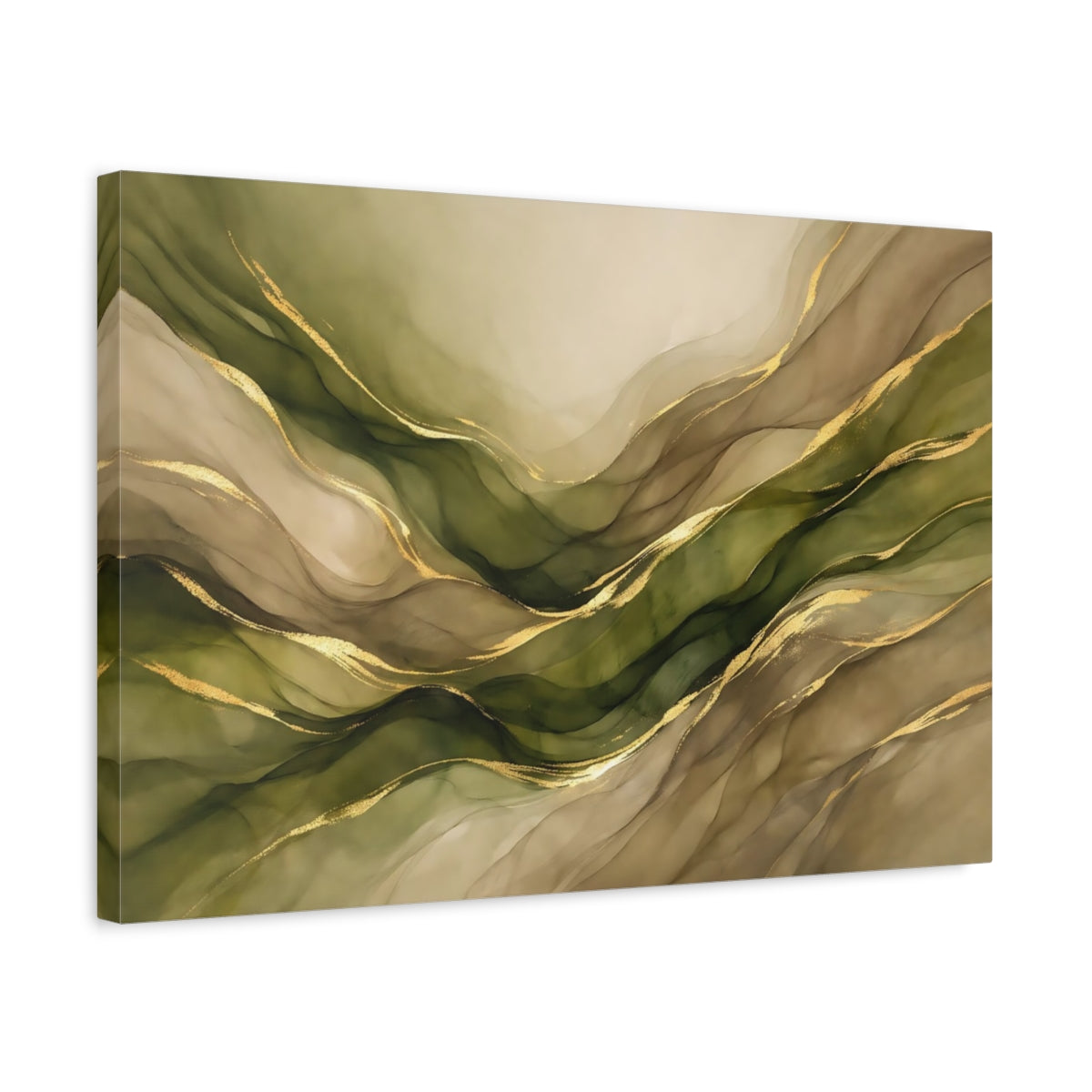 Side Mockup 3. Abstract Abstract Waves Green Gold Abstract shown as stretched canvas wall art