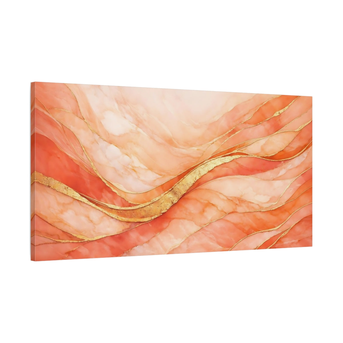 Side Mockup 1. Abstract Abstract Waves Peach Gold Abstract shown as stretched canvas wall art