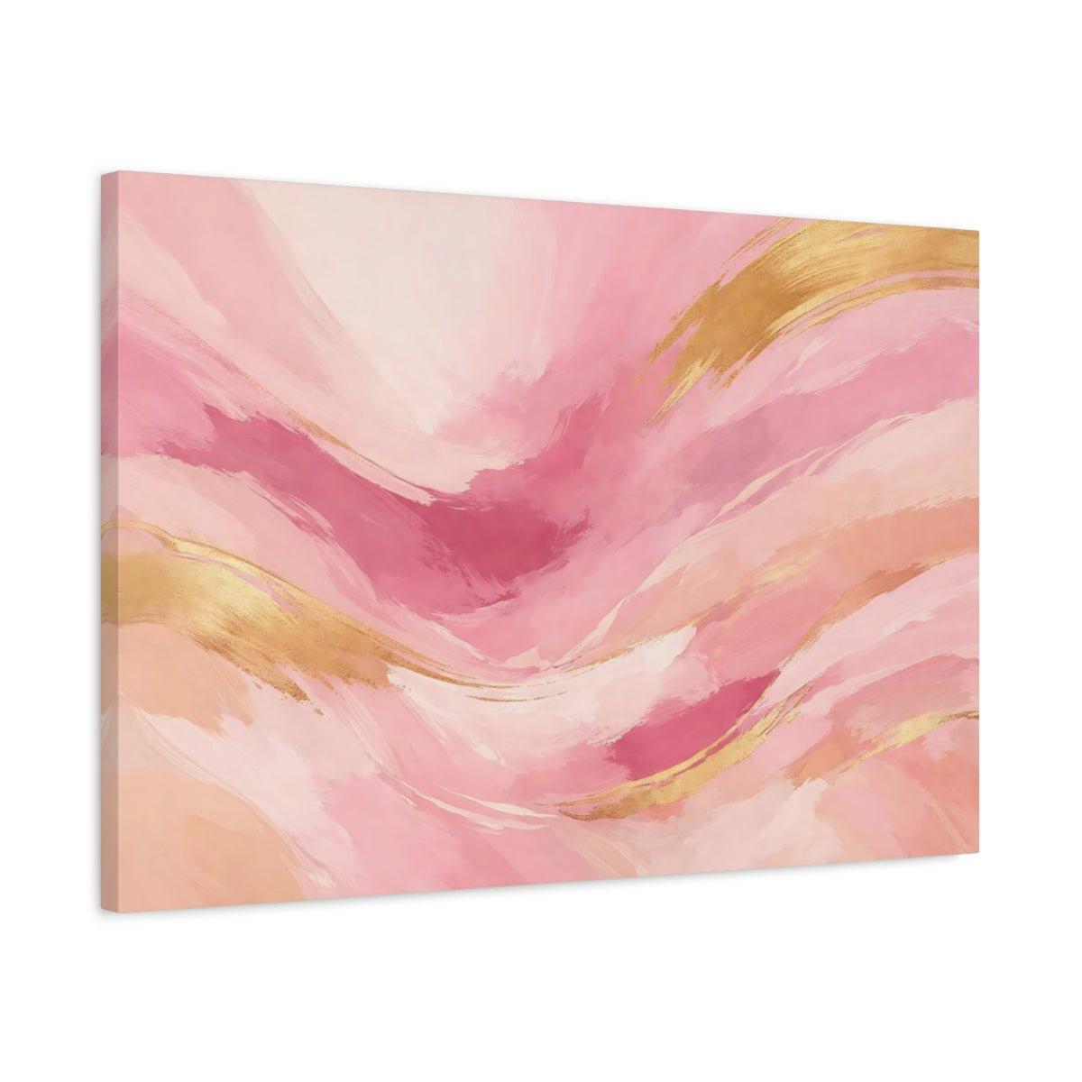 Side Mockup 2. Abstract Abstract Waves Pink And Gold shown as stretched canvas wall art