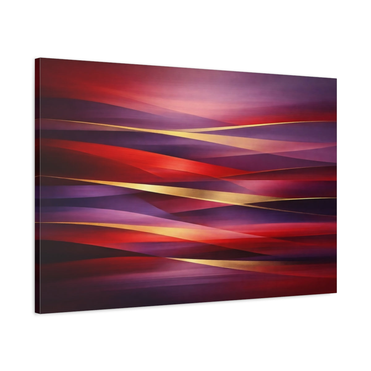 Side Mockup 1. Abstract Abstract Waves Red Purple Gold shown as stretched canvas wall art