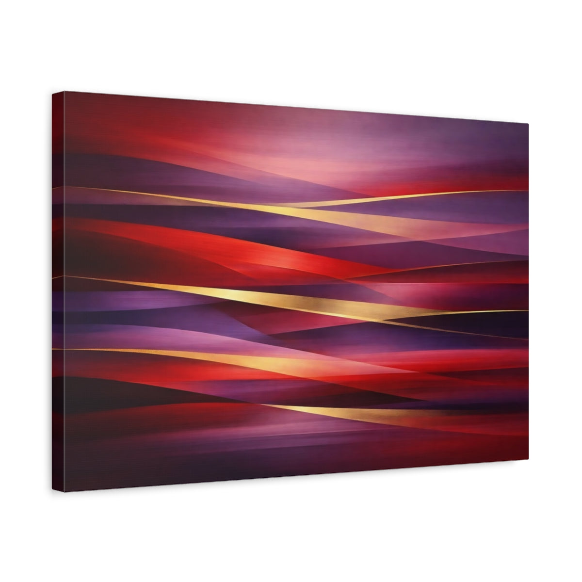 Side Mockup 3. Abstract Abstract Waves Red Purple Gold shown as stretched canvas wall art