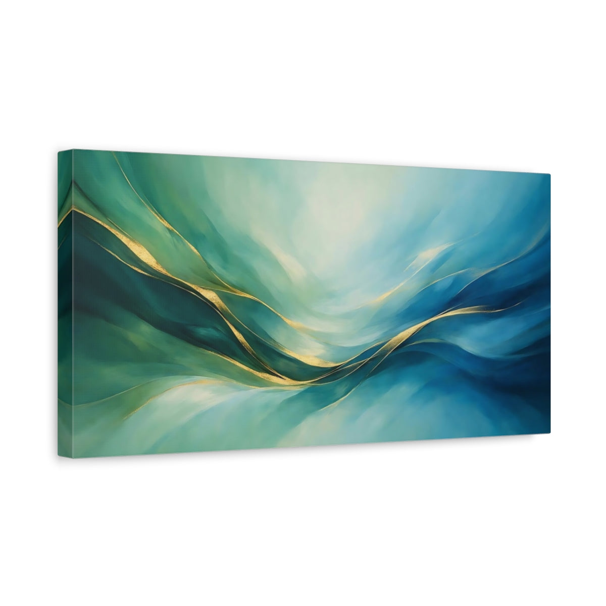 Side Mockup 3. Abstract Abstract Waves Teal And Gold shown as stretched canvas wall art