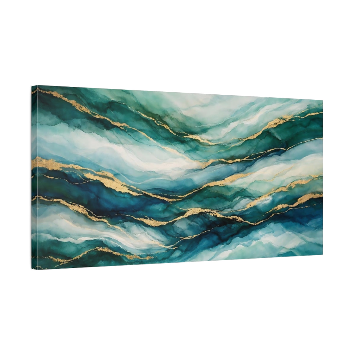 Side Mockup 2. Abstract Abstract Waves Teal Gold Waves shown as stretched canvas wall art