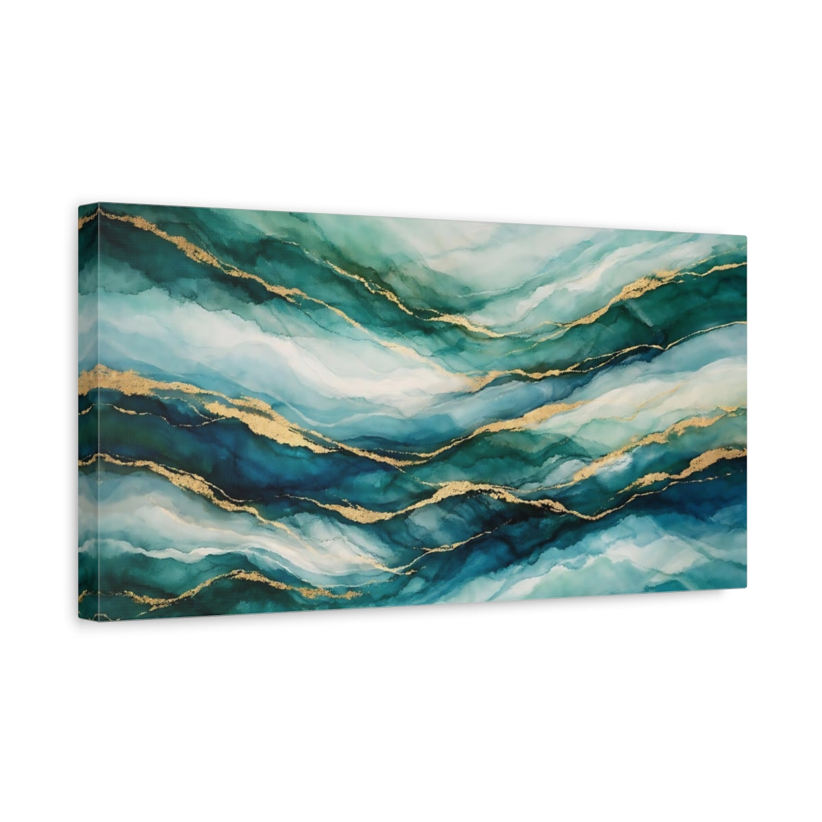 Side Mockup 3. Abstract Abstract Waves Teal Gold Waves shown as stretched canvas wall art