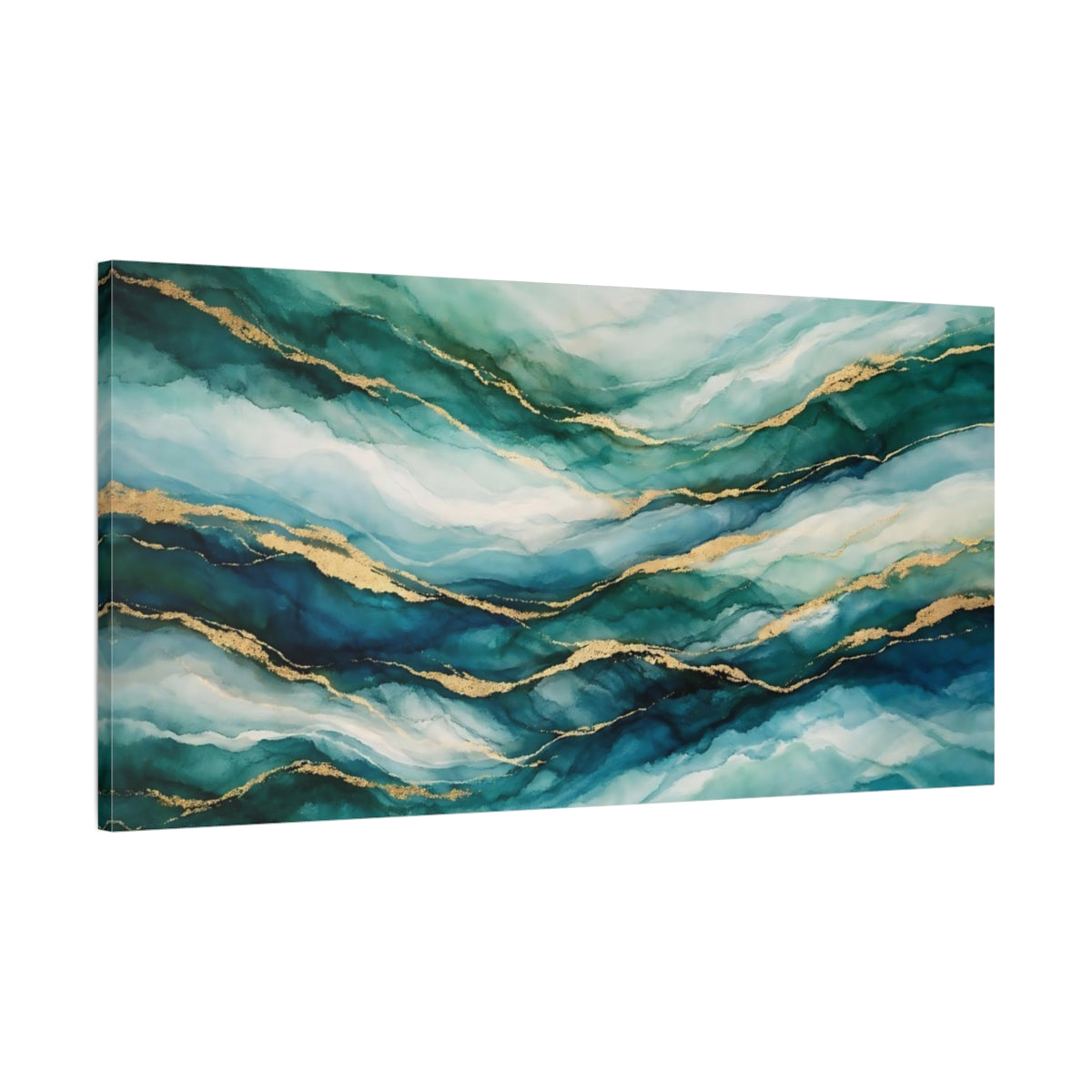 Side Mockup 1. Abstract Abstract Waves Teal Gold Waves shown as stretched canvas wall art