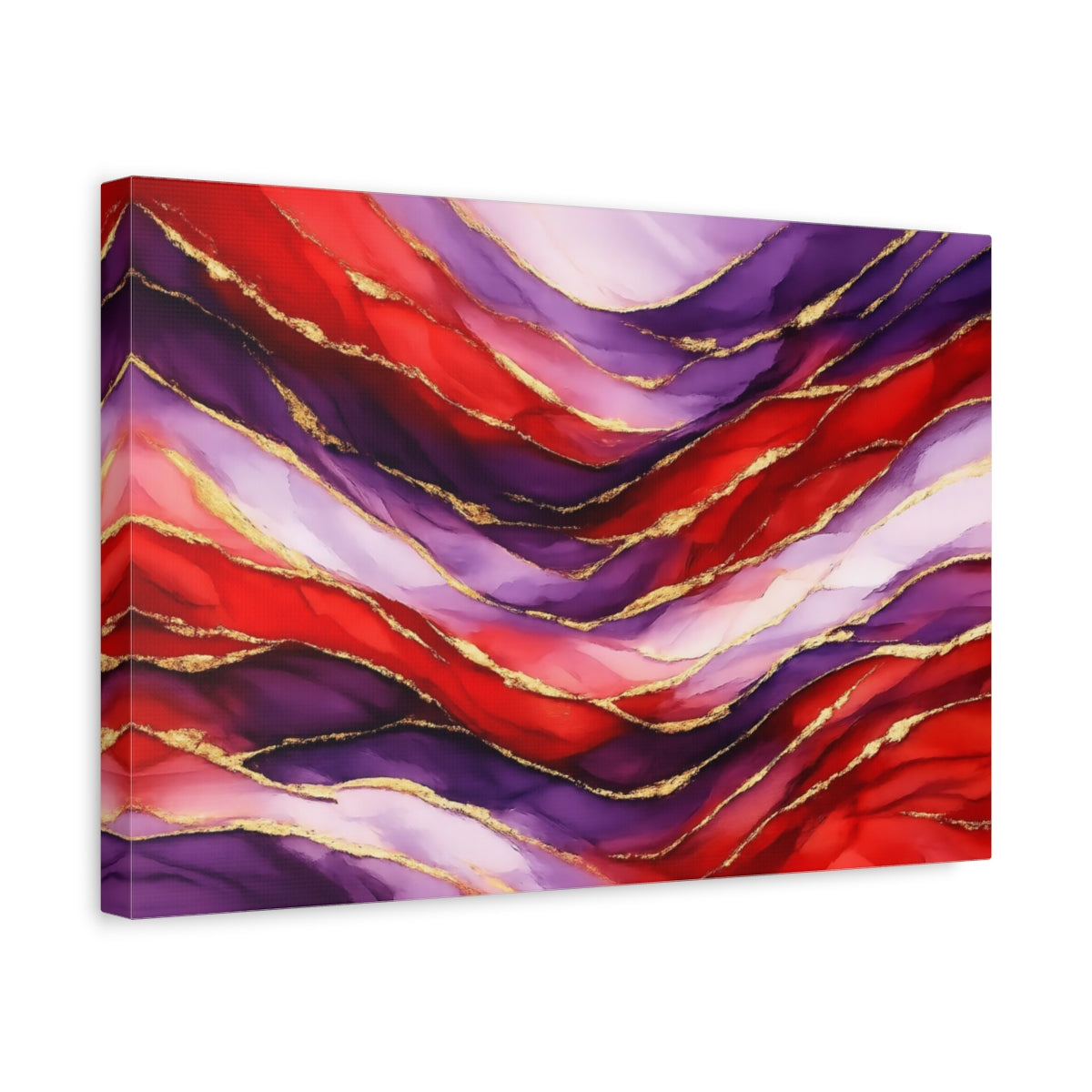 Side Mockup 4. Abstract Wavy Abstraction Red Purple Gold Abstract shown as stretched canvas wall art