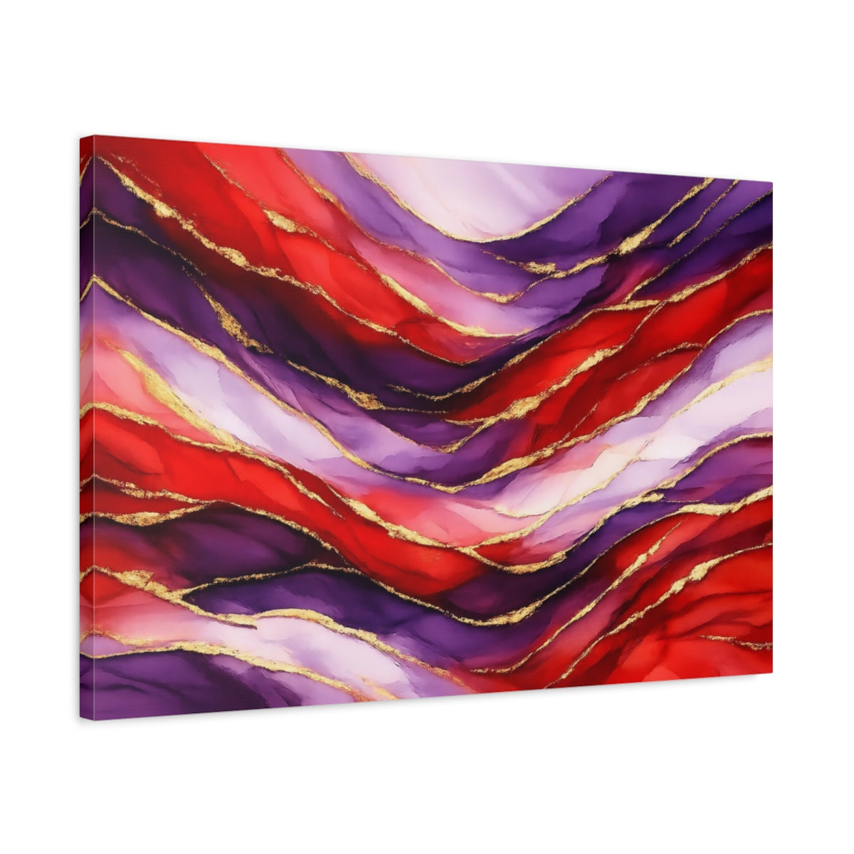 Side Mockup 2. Abstract Wavy Abstraction Red Purple Gold Abstract shown as stretched canvas wall art