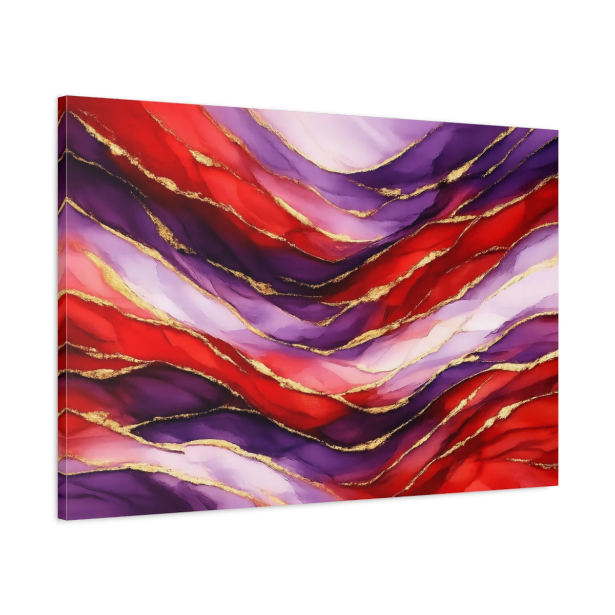 Side Mockup 1. Abstract Wavy Abstraction Red Purple Gold Abstract shown as stretched canvas wall art