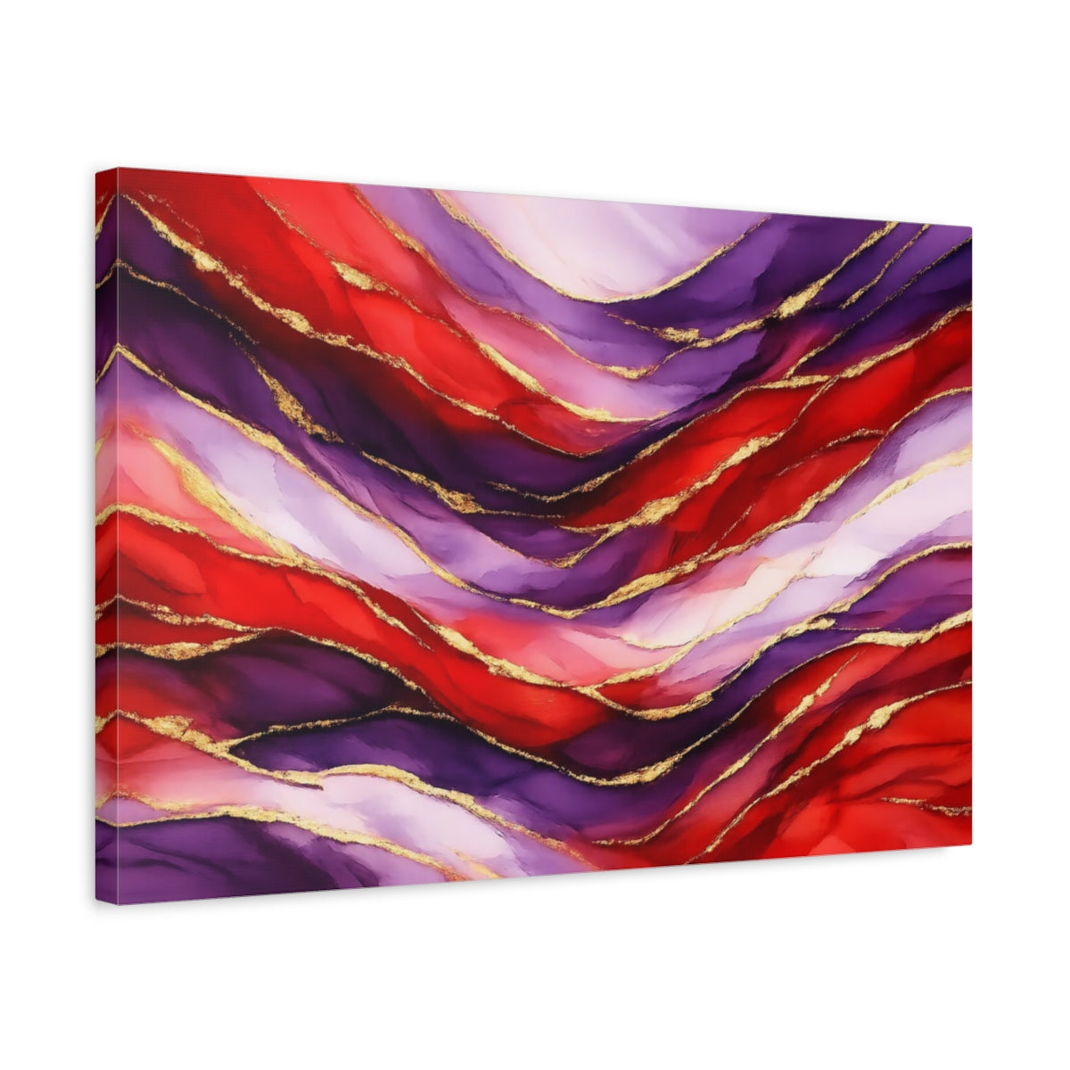 Side Mockup 3. Abstract Wavy Abstraction Red Purple Gold Abstract shown as stretched canvas wall art