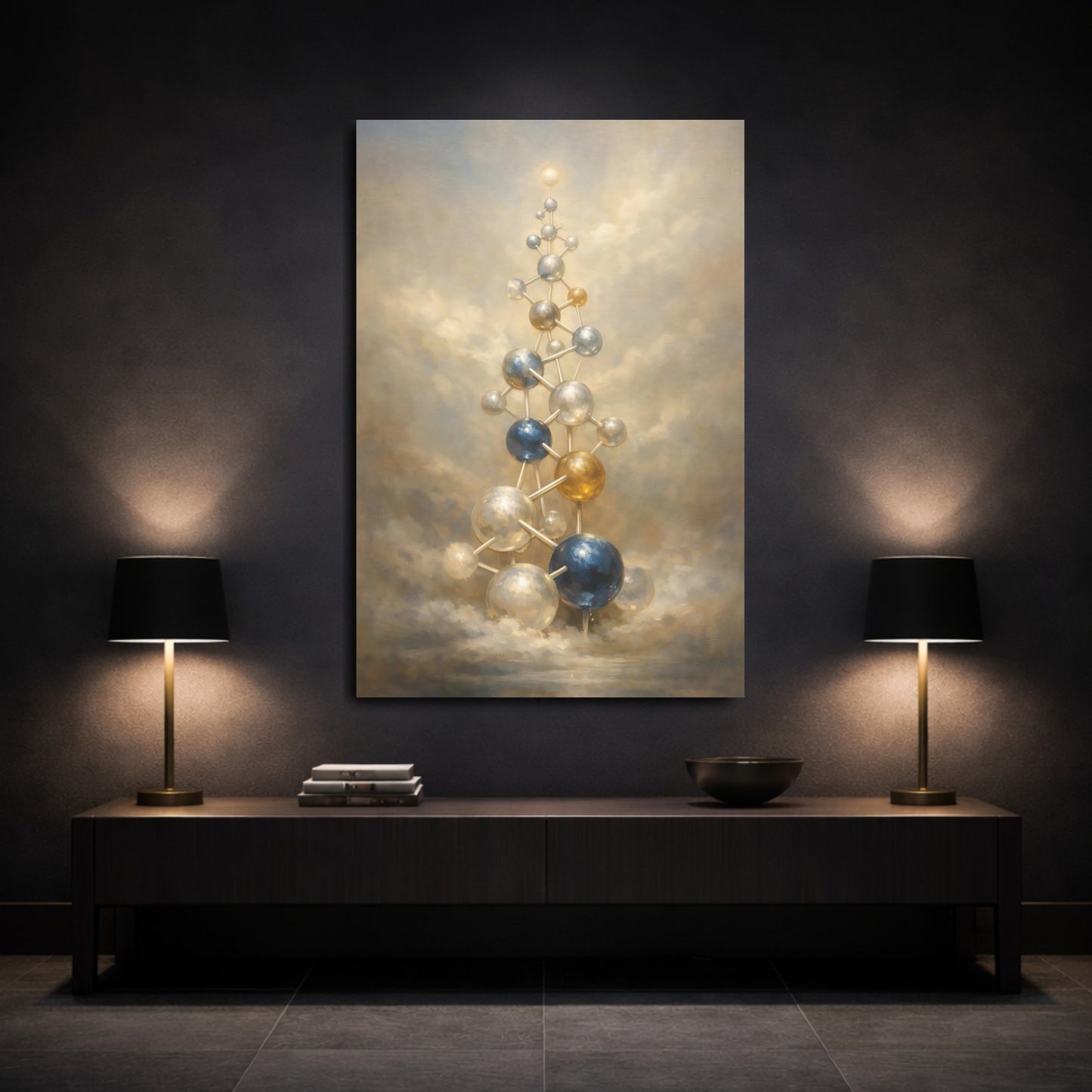 Mockup 2. Abstract Molecular Structure Gold And Blue Abstract shown as stretched canvas wall art
