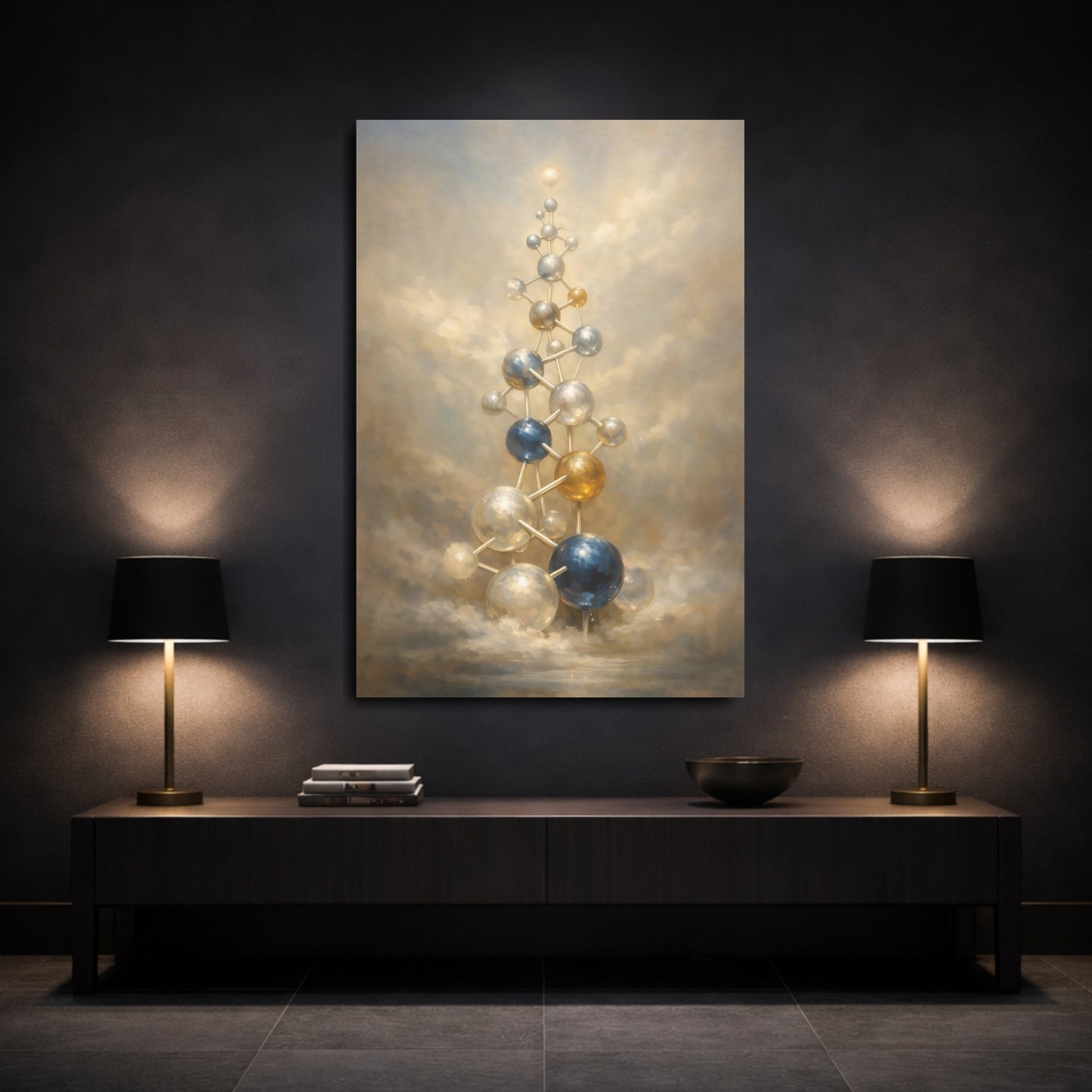 Mockup 2. Abstract Molecular Structure Gold And Blue Abstract shown as stretched canvas wall art