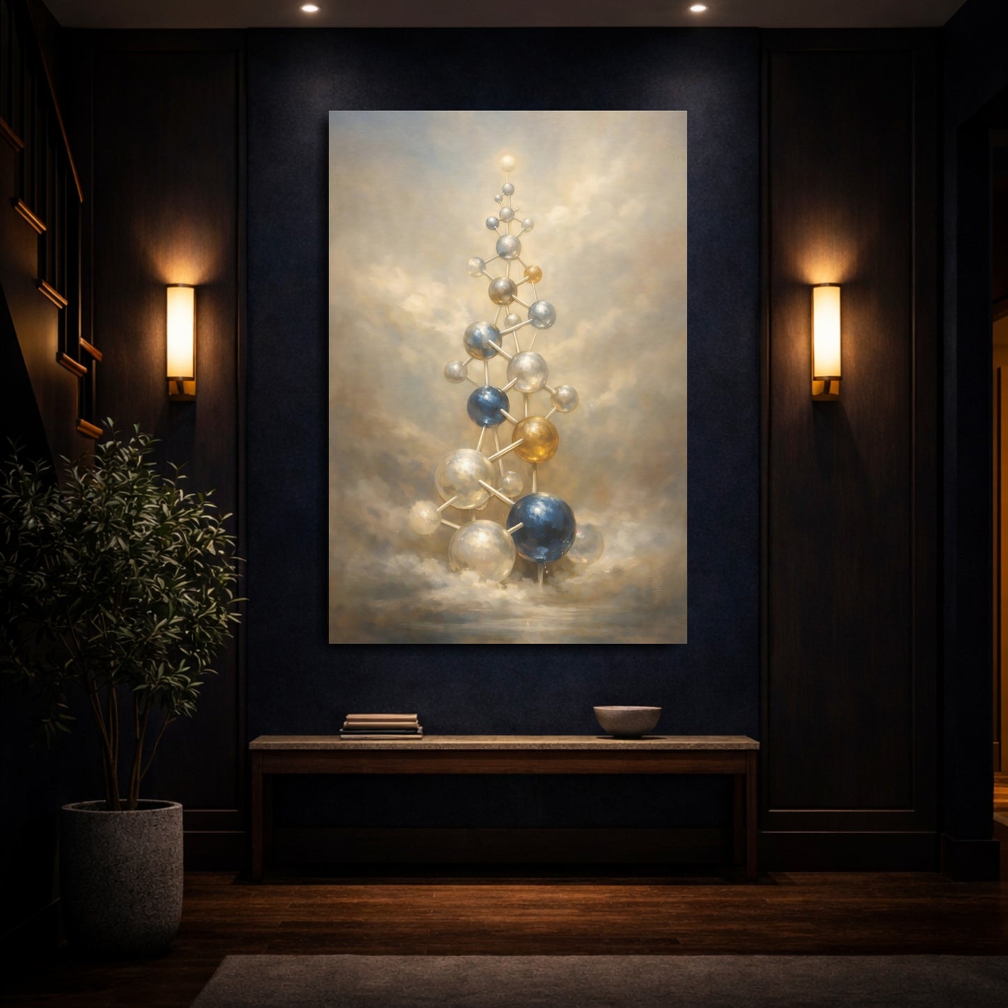 Mockup 3. Abstract Molecular Structure Gold And Blue Abstract shown as stretched canvas wall art