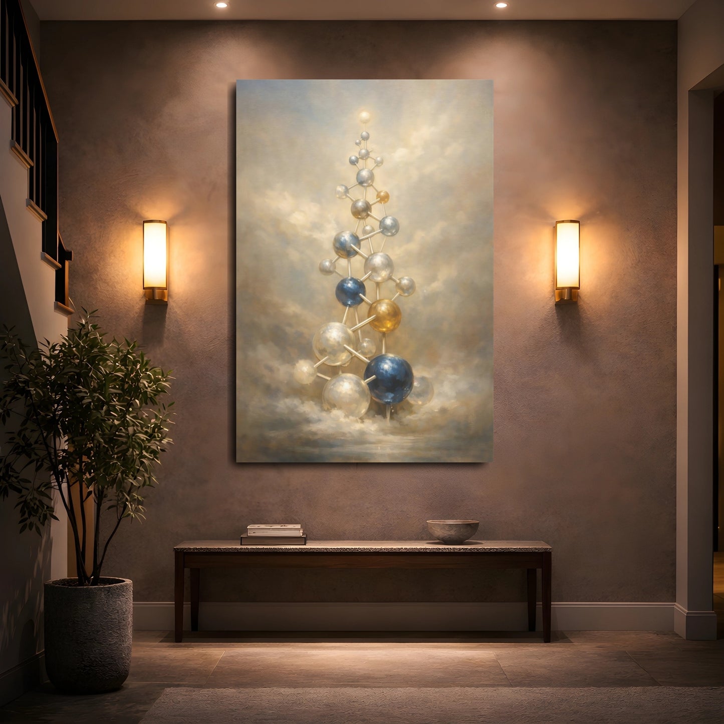 Mockup 4. Abstract Molecular Structure Gold And Blue Abstract shown as stretched canvas wall art