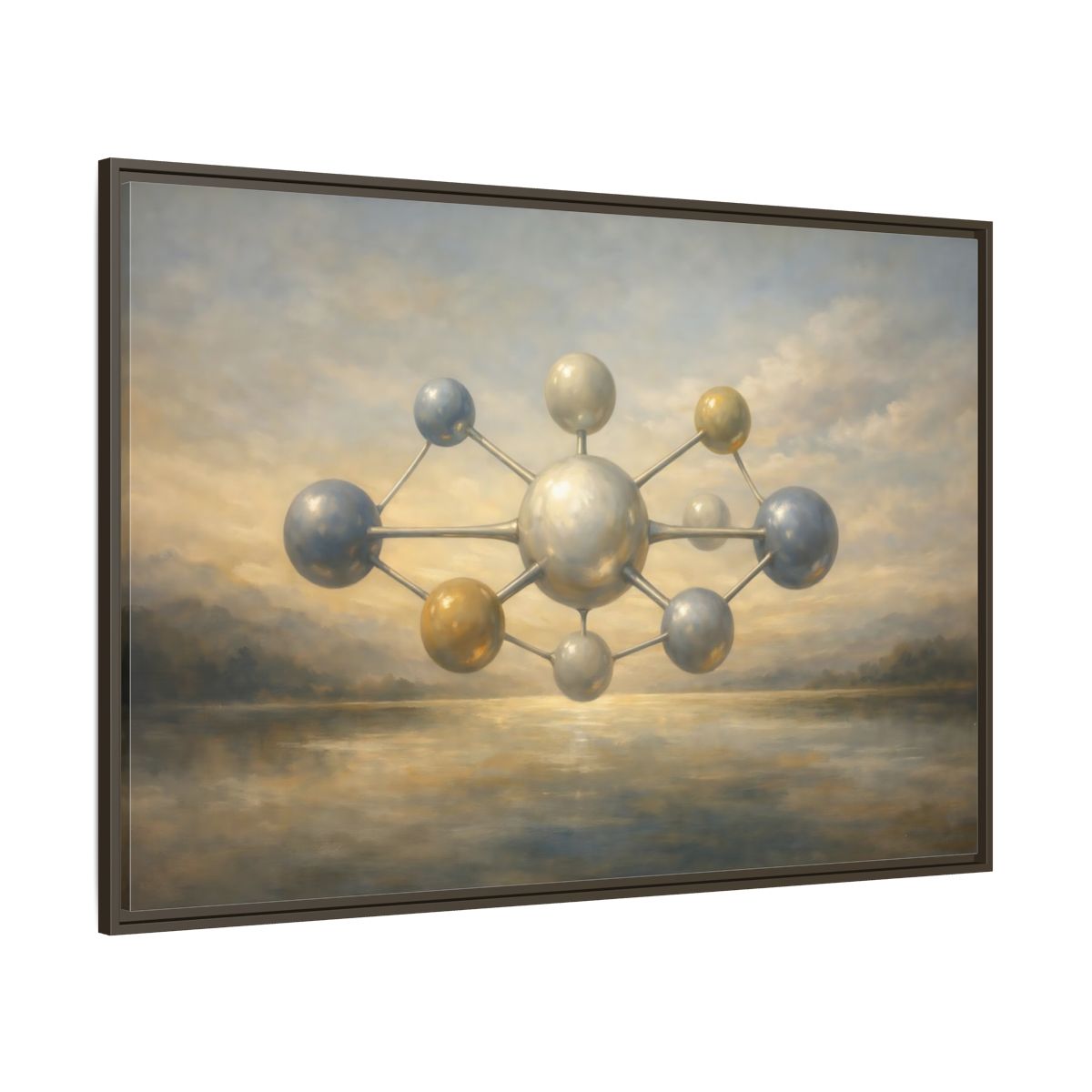 Main Mockup. Abstract Molecular Structure Golden Grey Molecule shown as stretched canvas wall art