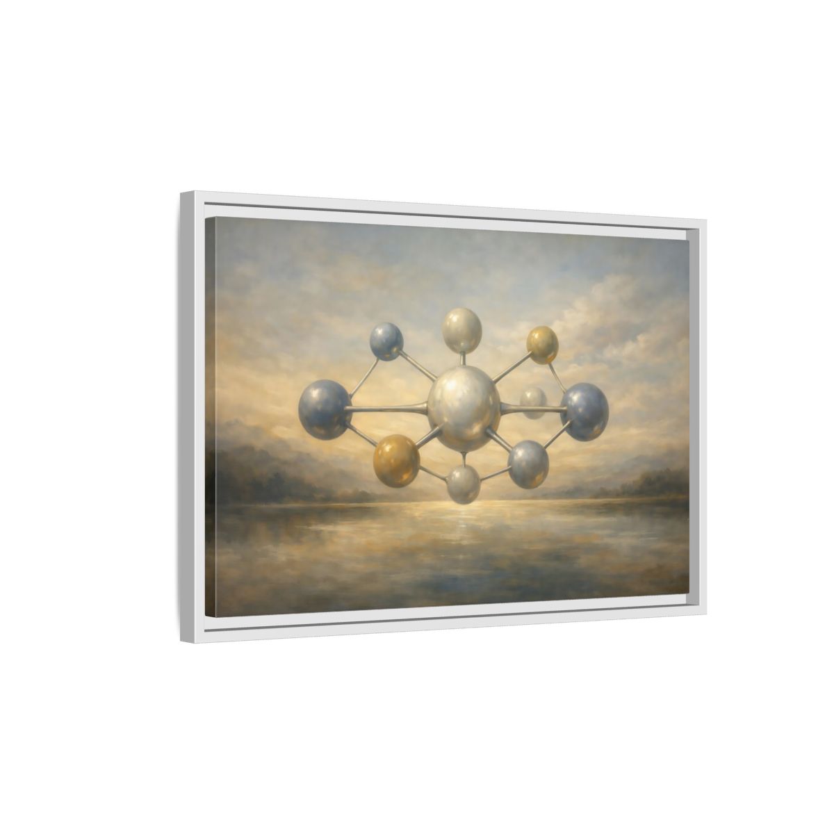 Side Mockup 1. Abstract Molecular Structure Golden Grey Molecule shown as stretched canvas wall art