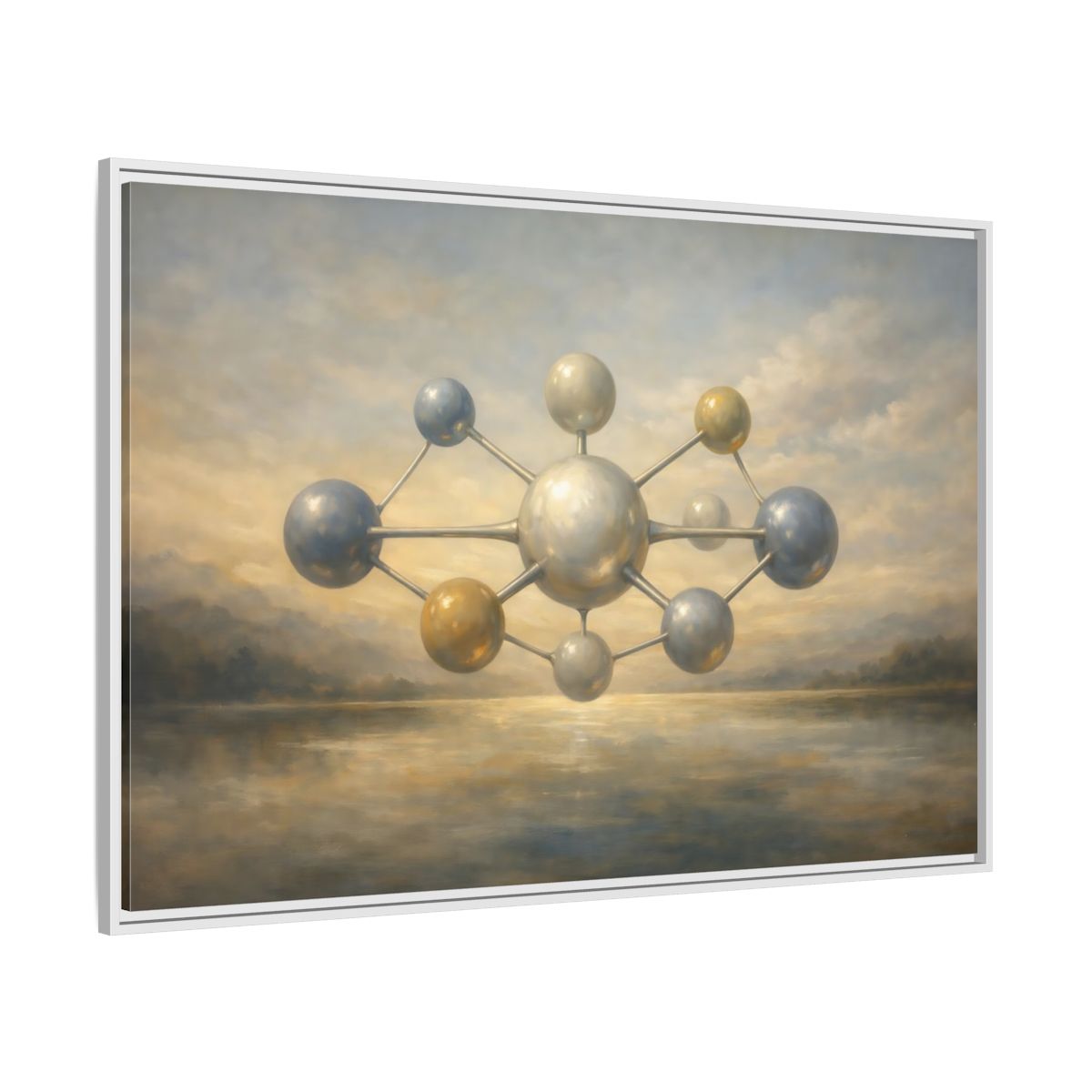 Side Mockup 7. Abstract Molecular Structure Golden Grey Molecule shown as stretched canvas wall art