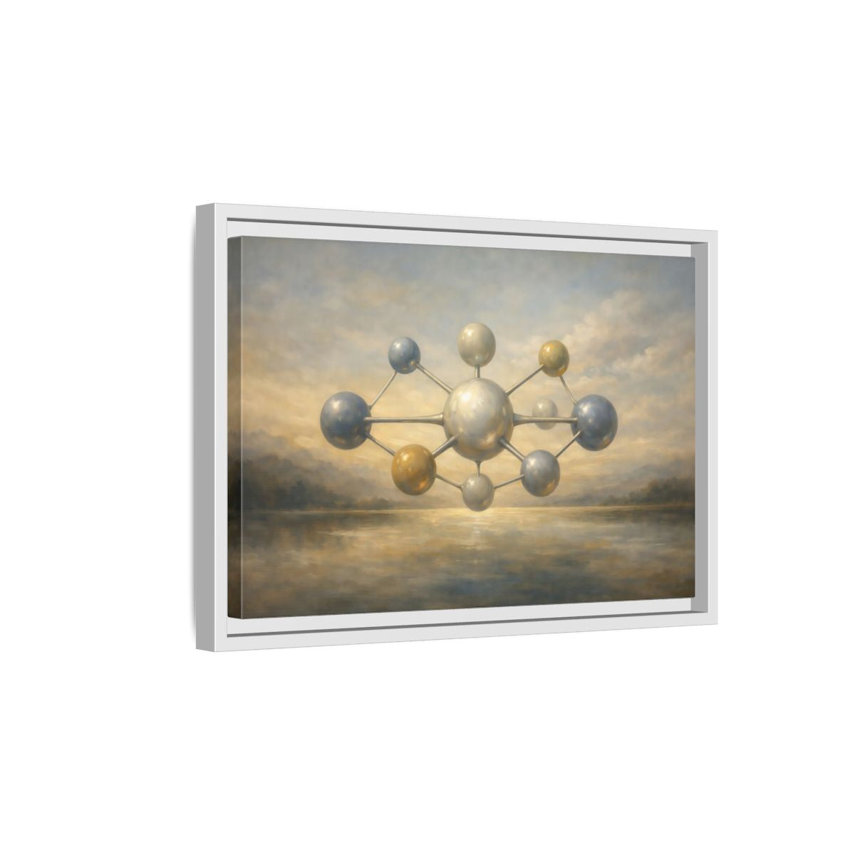 Side Mockup 4. Abstract Molecular Structure Golden Grey Molecule shown as stretched canvas wall art