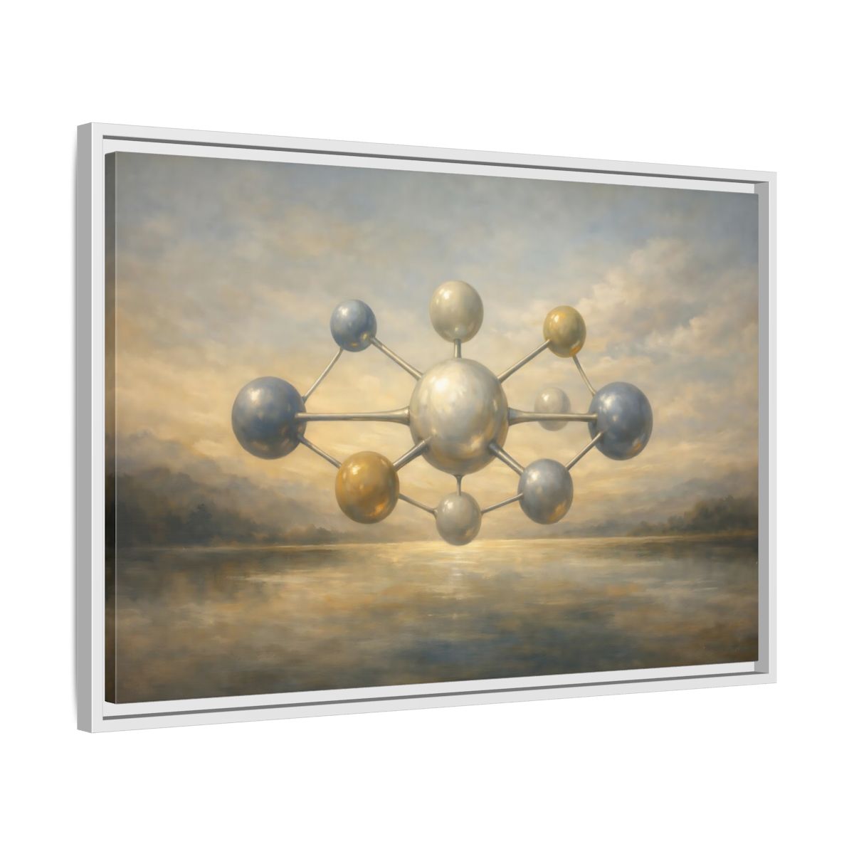 Side Mockup 10. Abstract Molecular Structure Golden Grey Molecule shown as stretched canvas wall art