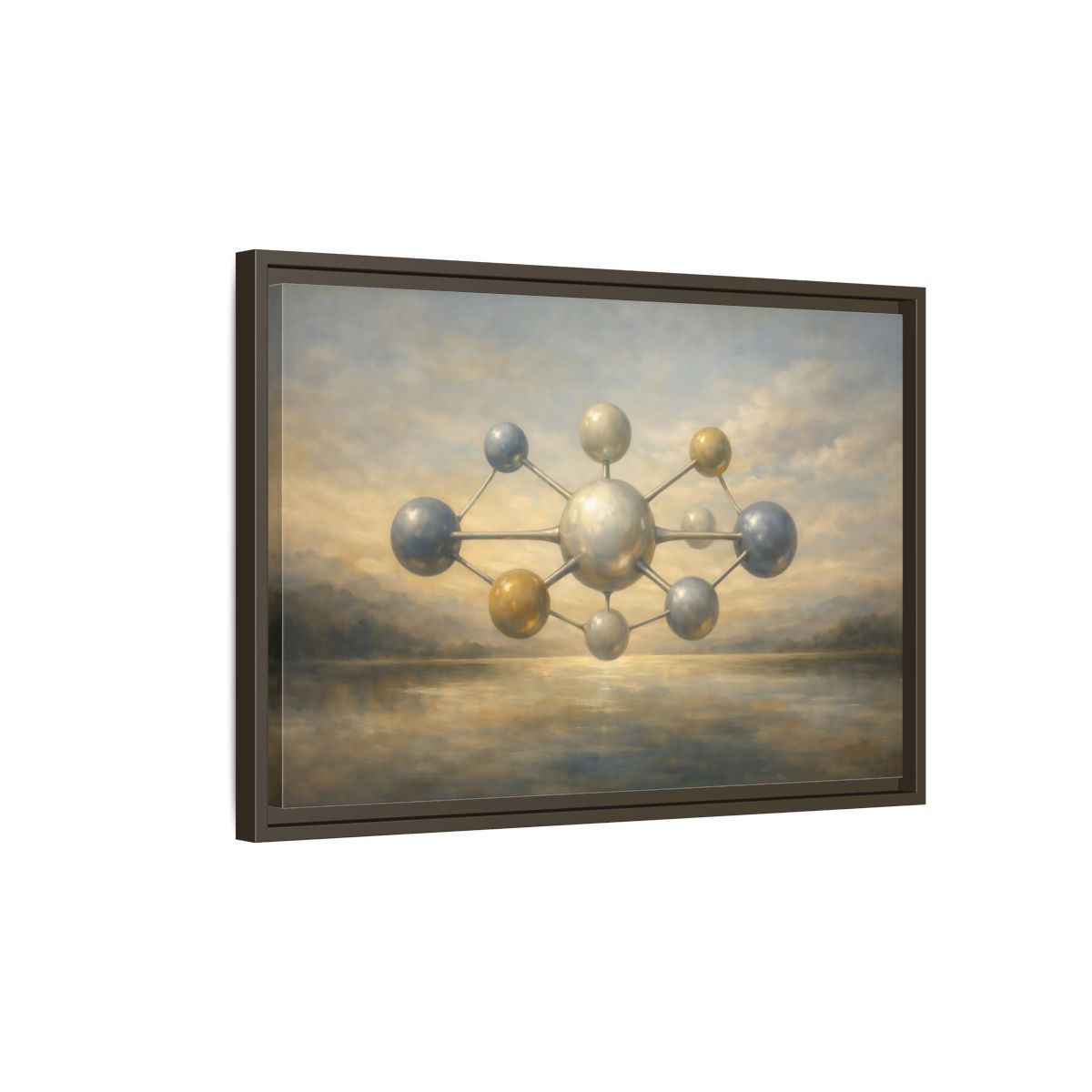 Side Mockup 2. Abstract Molecular Structure Golden Grey Molecule shown as stretched canvas wall art