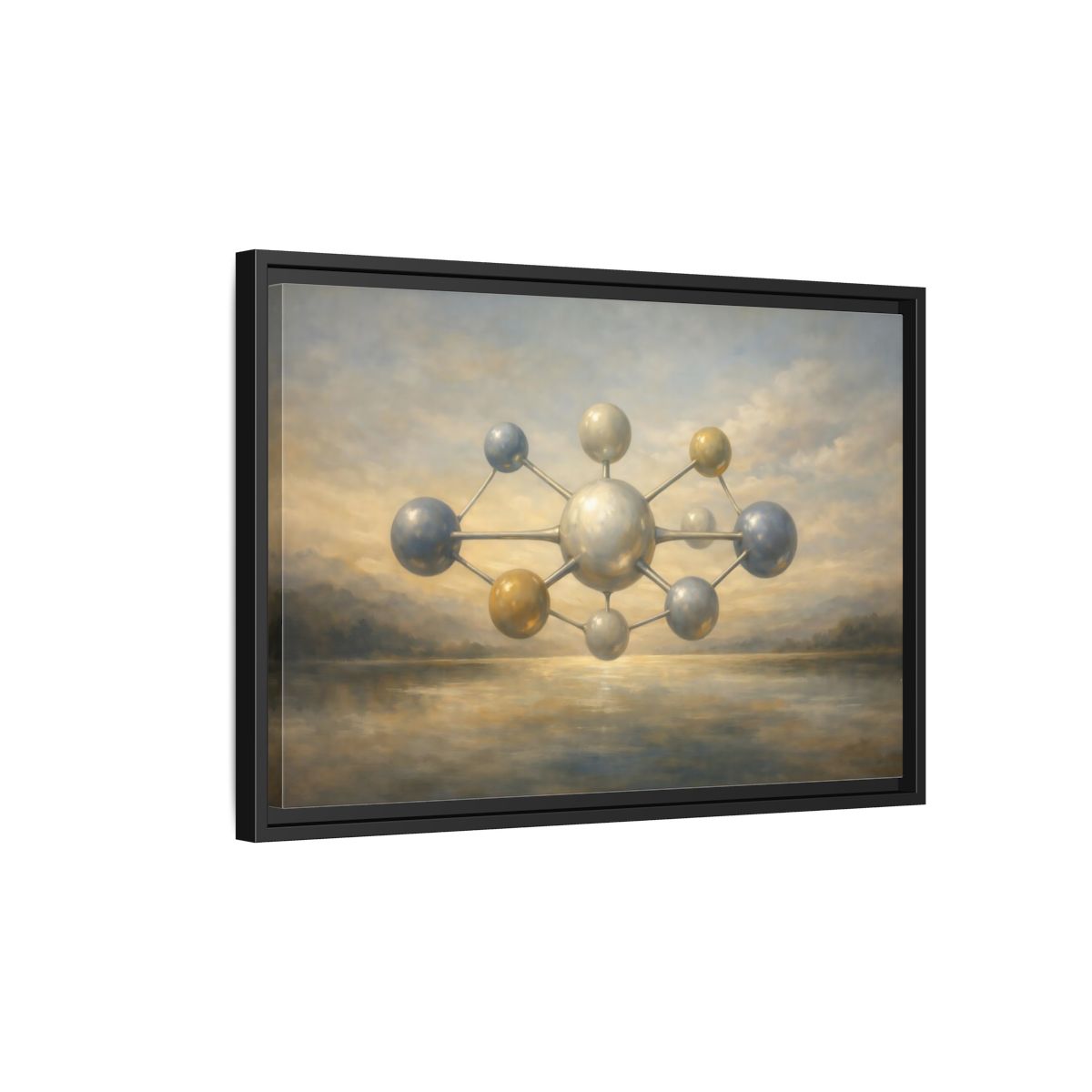 Side Mockup 3. Abstract Molecular Structure Golden Grey Molecule shown as stretched canvas wall art