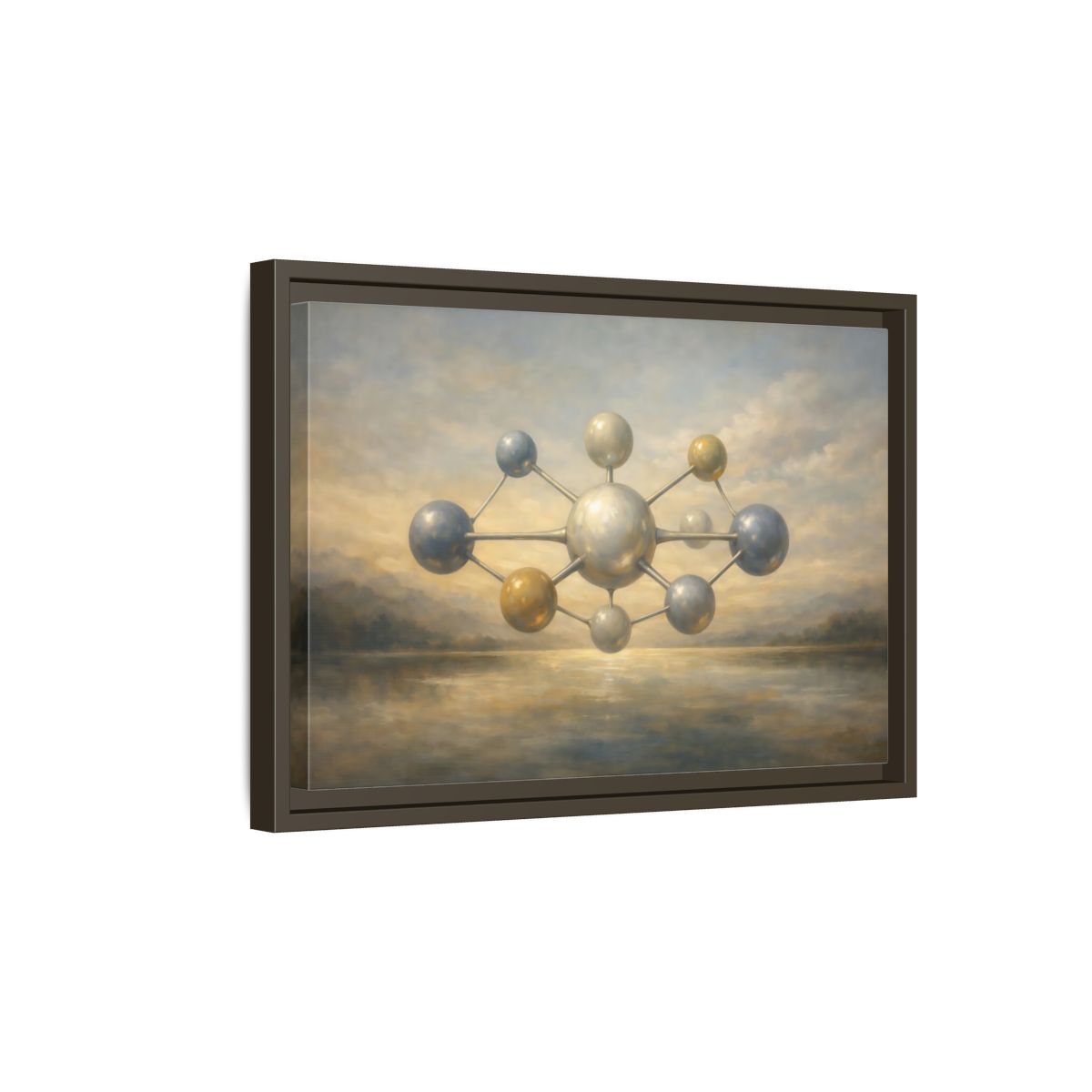 Side Mockup 5. Abstract Molecular Structure Golden Grey Molecule shown as stretched canvas wall art